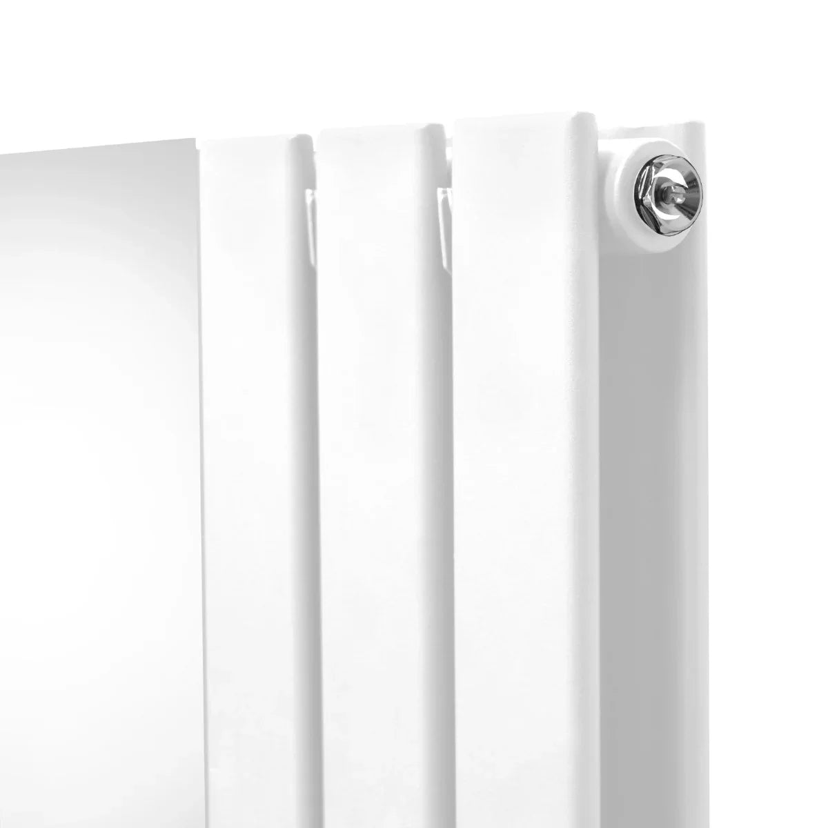 Flat mirror radiator in sleek white finish, measuring 1800mm x 565mm, featuring smooth surfaces and modern valve design