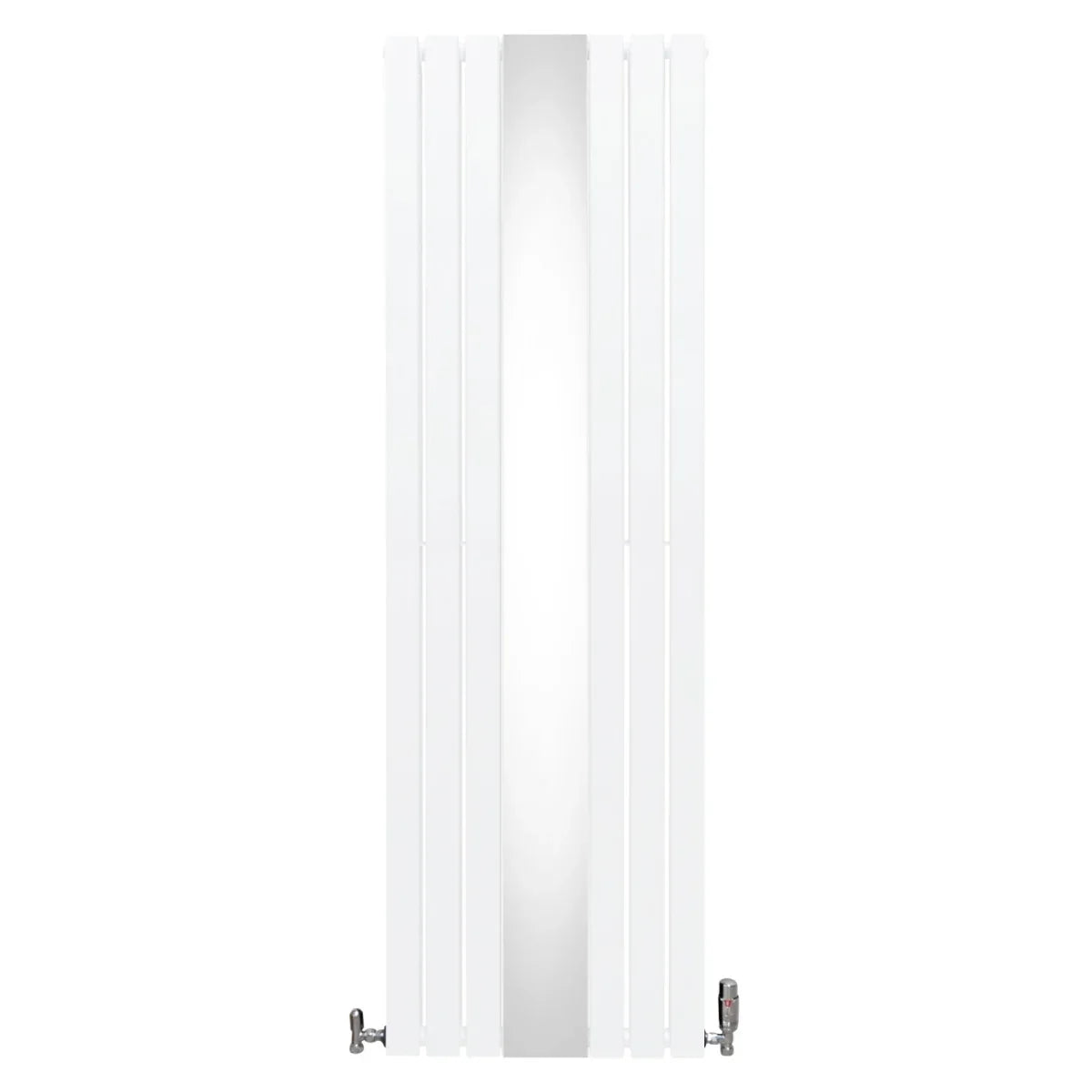 Sleek white flat mirror radiator measuring 1800mm x 565mm with vertical slats and stylish valves, perfect for modern interiors