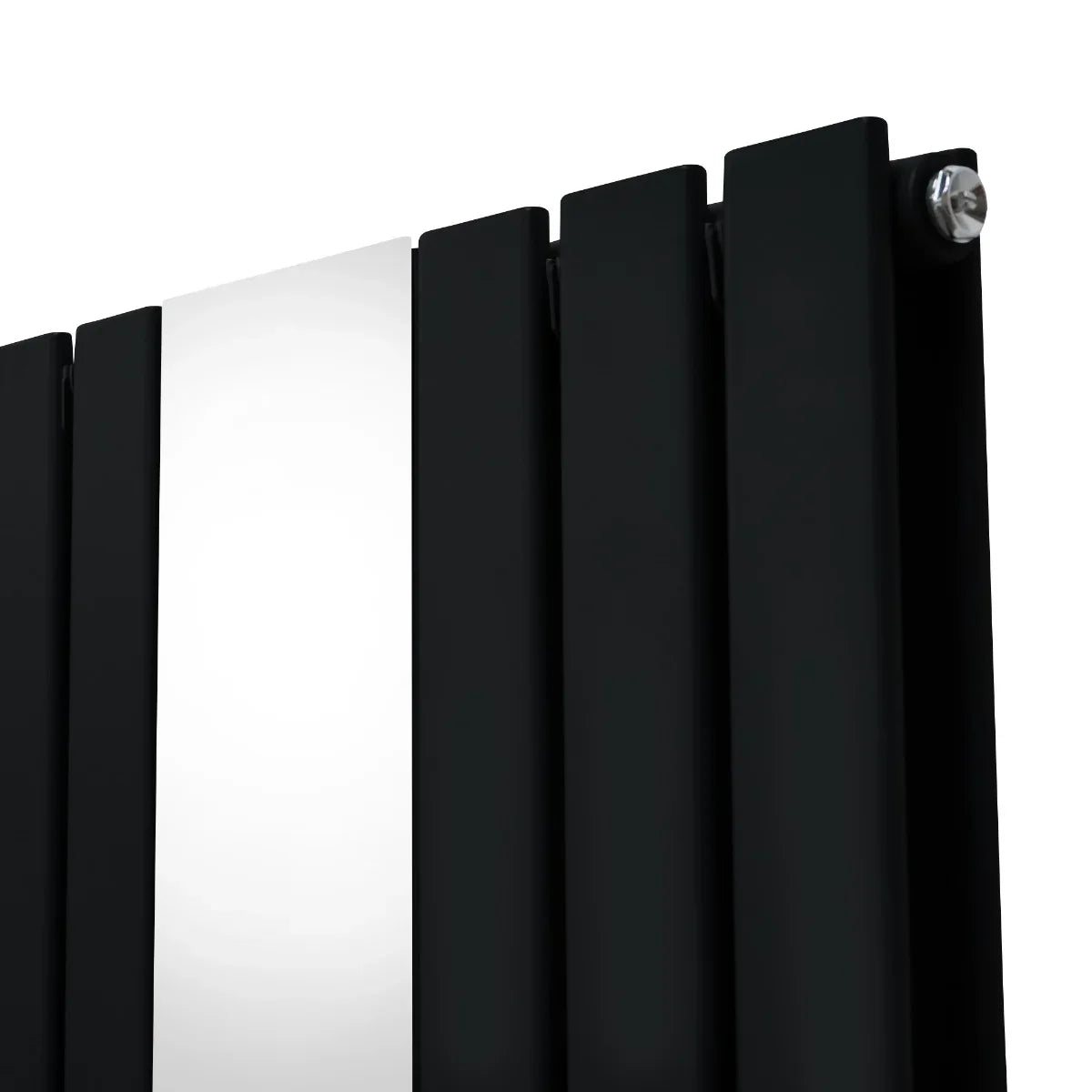 Sleek black flat mirror radiator with vertical panels, measuring 1800mm x 565mm, featuring modern design and polished finish