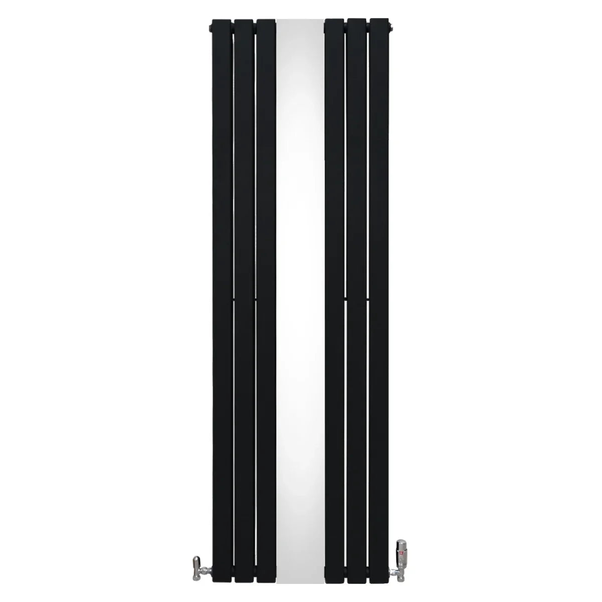 Sleek black flat mirror radiator measuring 1800mm x 565mm with vertical slats and stylish valves, perfect for modern interiors