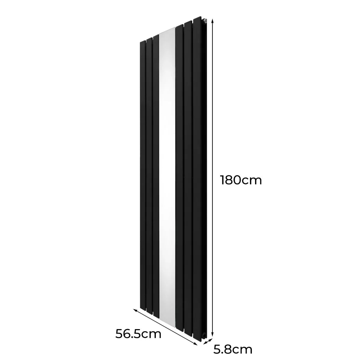 Sleek black flat mirror radiator measuring 1800mm x 565mm, featuring vertical slats and a modern design for stylish heating