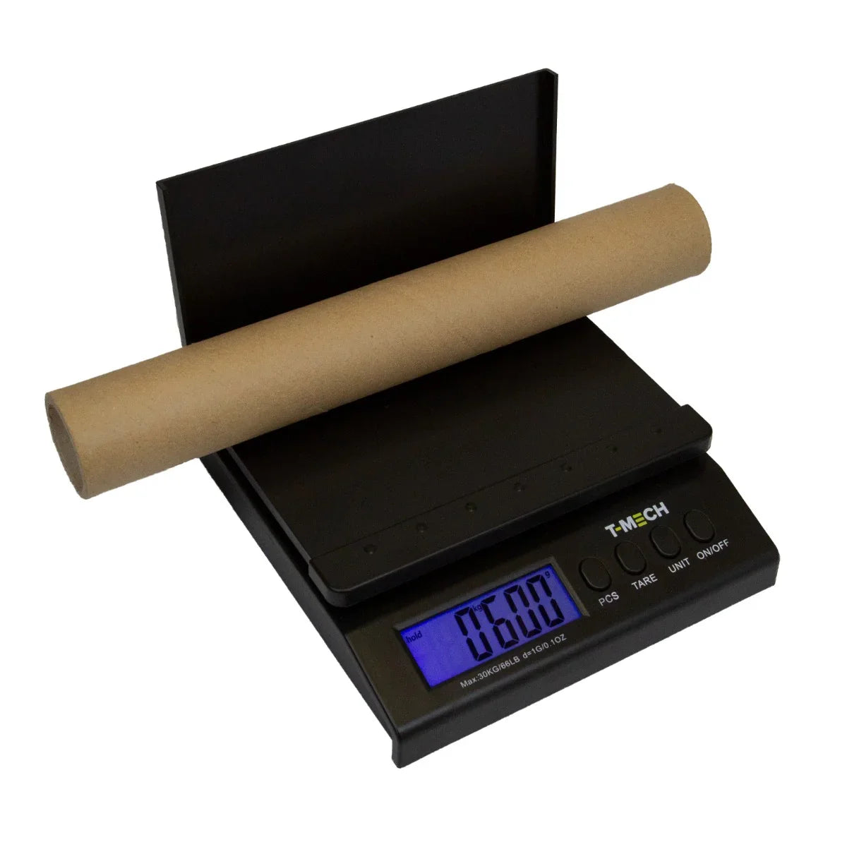 T-Mech Digital Postal Scales with a sleek black design, featuring a large blue display and a cylindrical cardboard tube for weighing