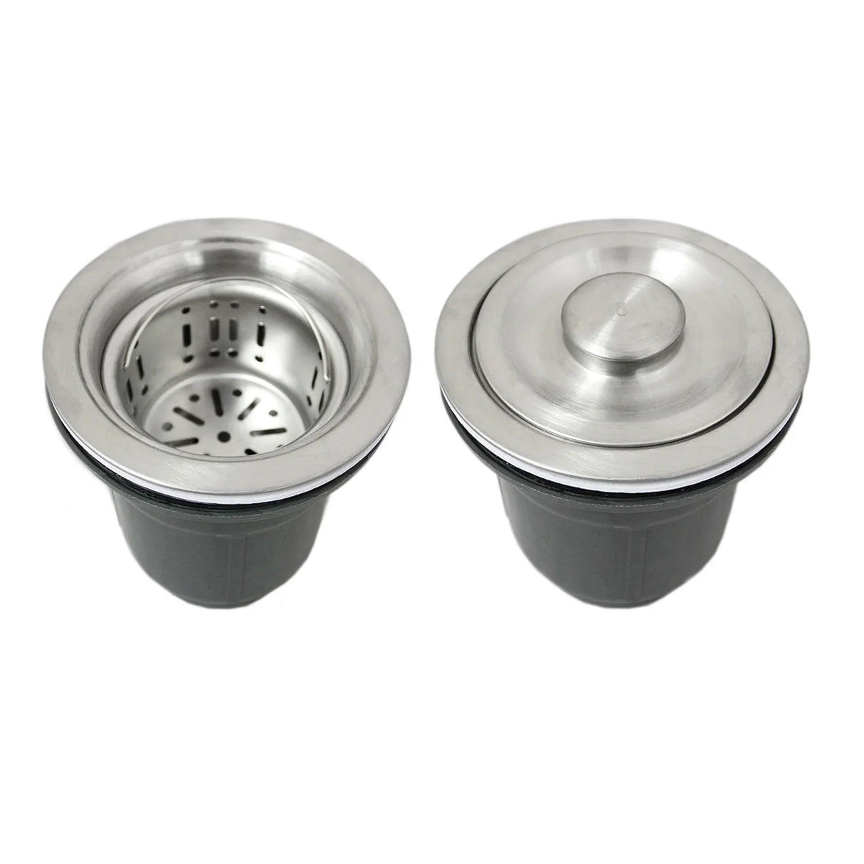 Stainless steel sink strainer and stopper set featuring a sleek design, durable material, and polished finish for easy maintenance