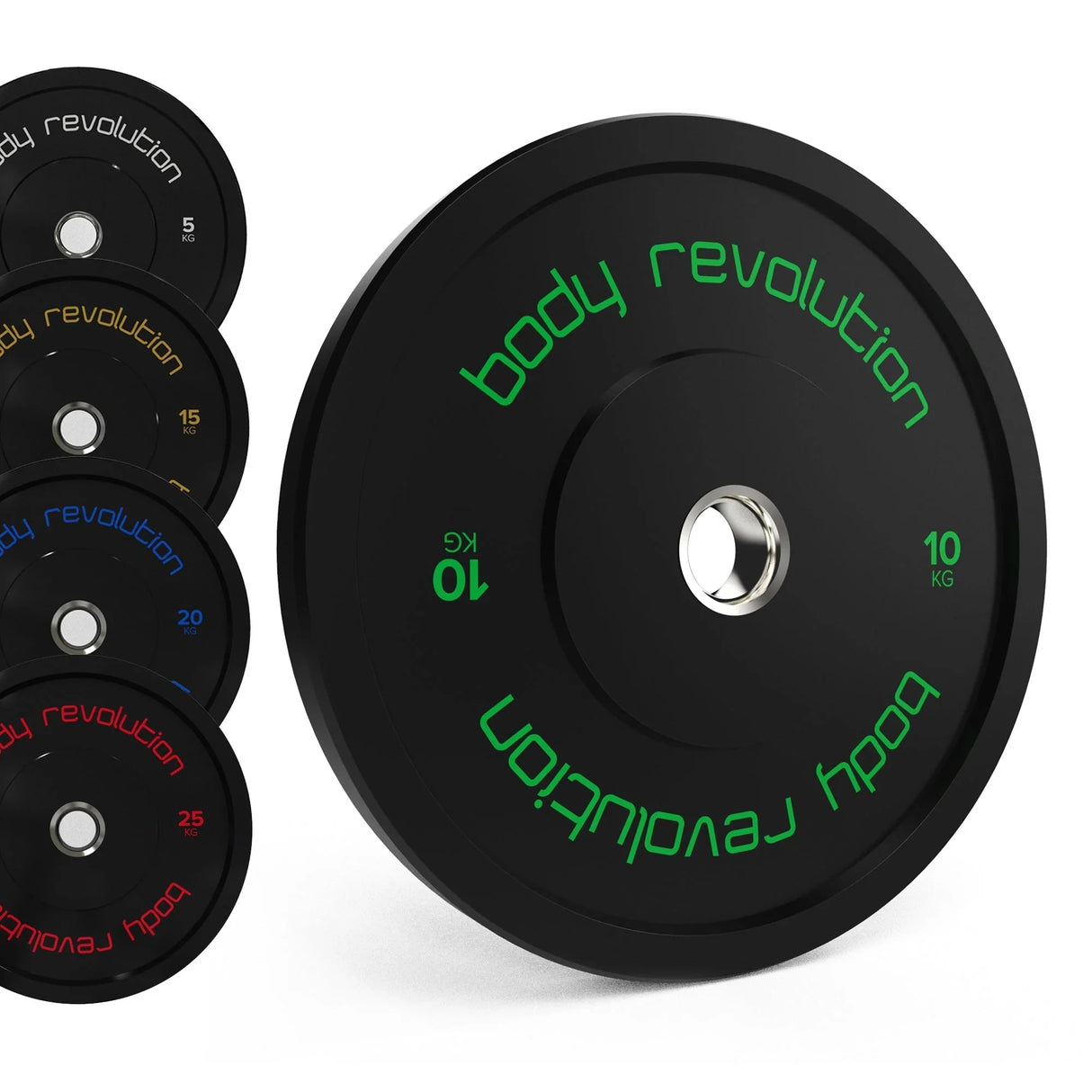 Body Revolution Olympic black bumper plates in various weights, featuring vibrant colored accents and a durable rubber texture