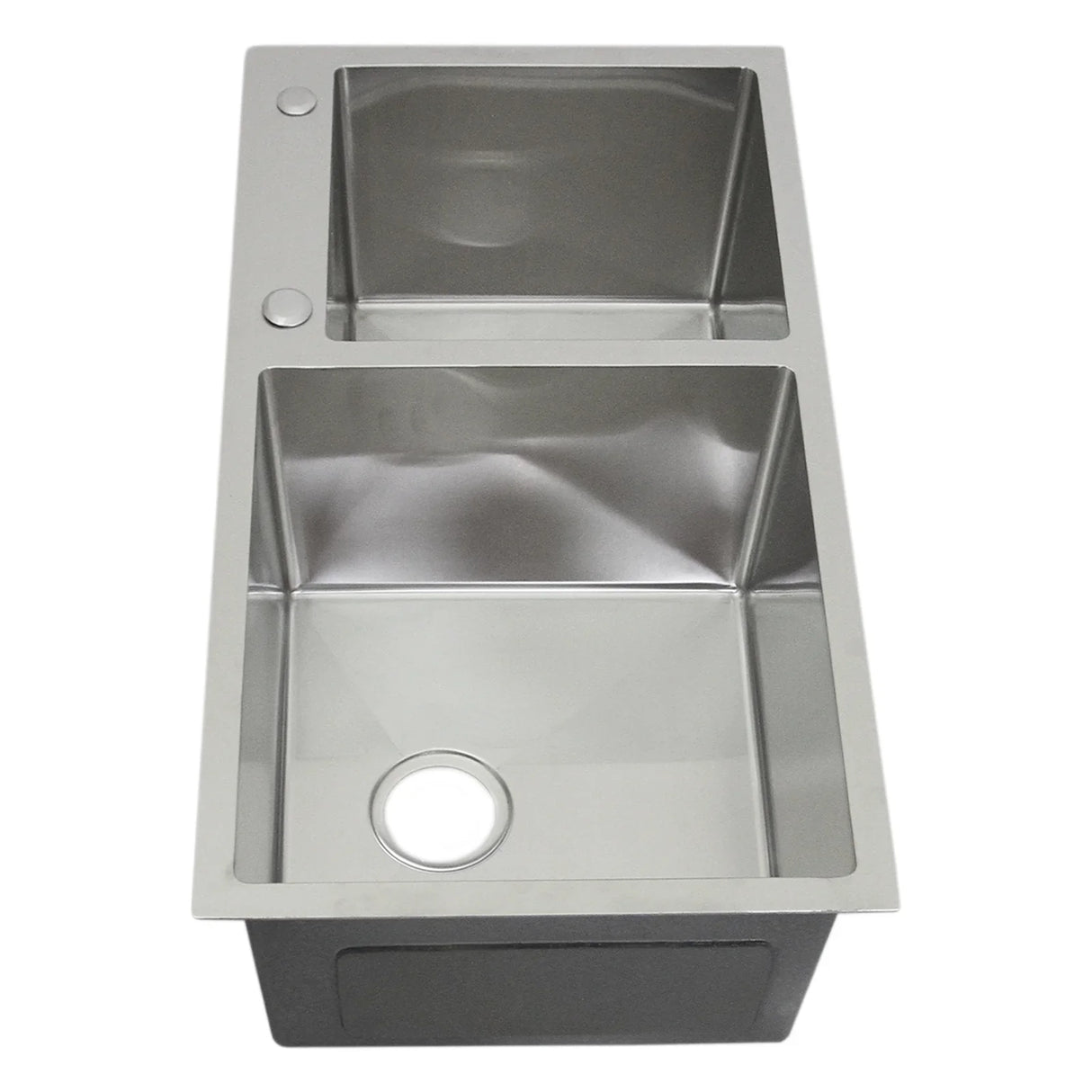 Double stainless steel sink with a sleek, polished finish, featuring two spacious basins and a central drain hole for easy use