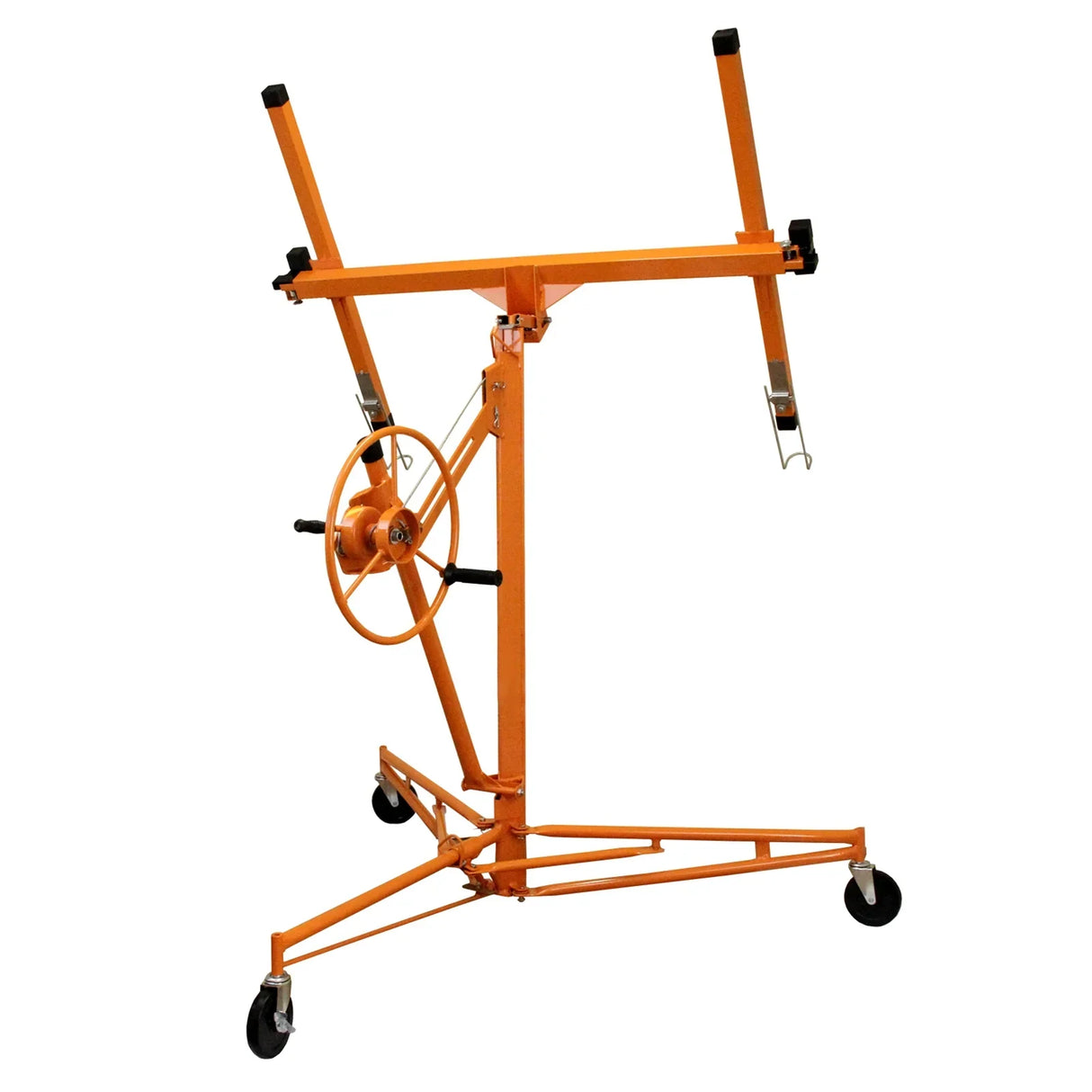 Drywall and plasterboard lifter hoist, 11ft height, featuring a sturdy orange metal frame, adjustable arms, and smooth-rolling wheels