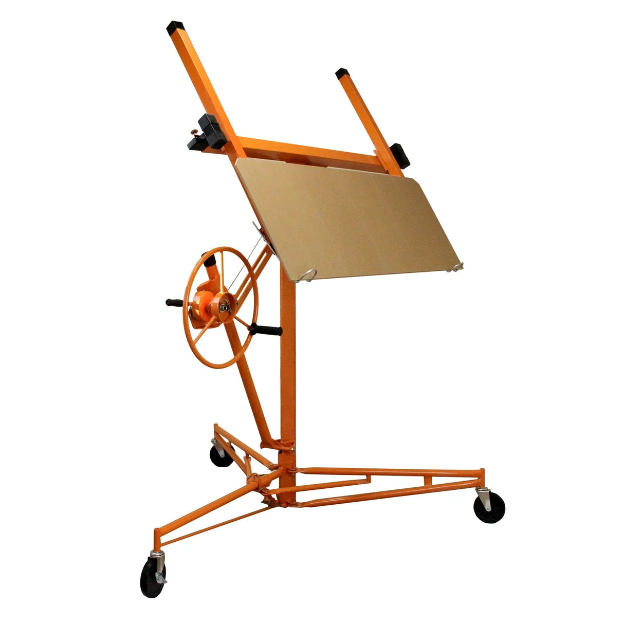 Drywall and plasterboard lifter hoist in bright orange, featuring a sturdy frame, adjustable height, and smooth-rolling wheels for easy maneuverability
