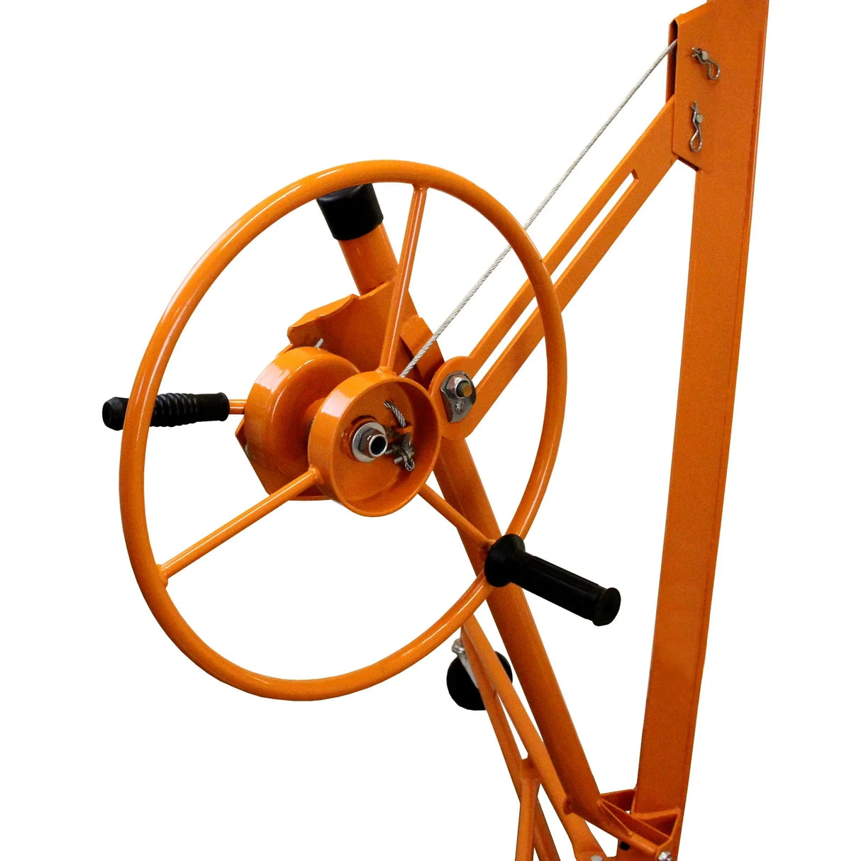 Drywall and plasterboard lifter hoist with an orange metal frame, large circular crank handle, and sturdy support arms for easy lifting