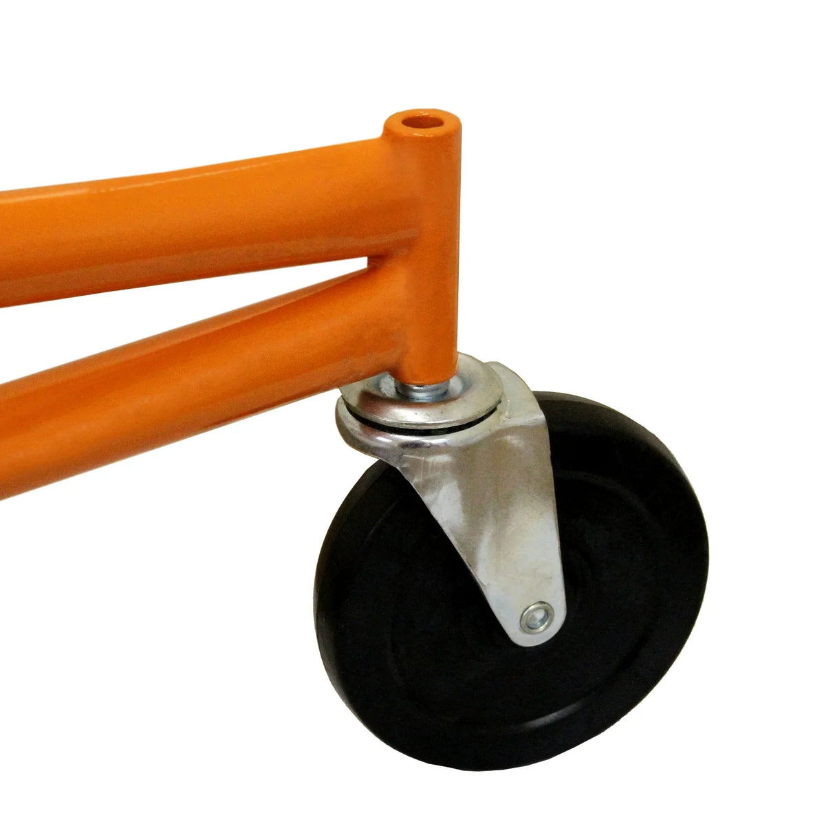 Close-up of the sturdy wheel and frame of the 11ft drywall and plasterboard lifter hoist, featuring an orange finish and durable rubber tire