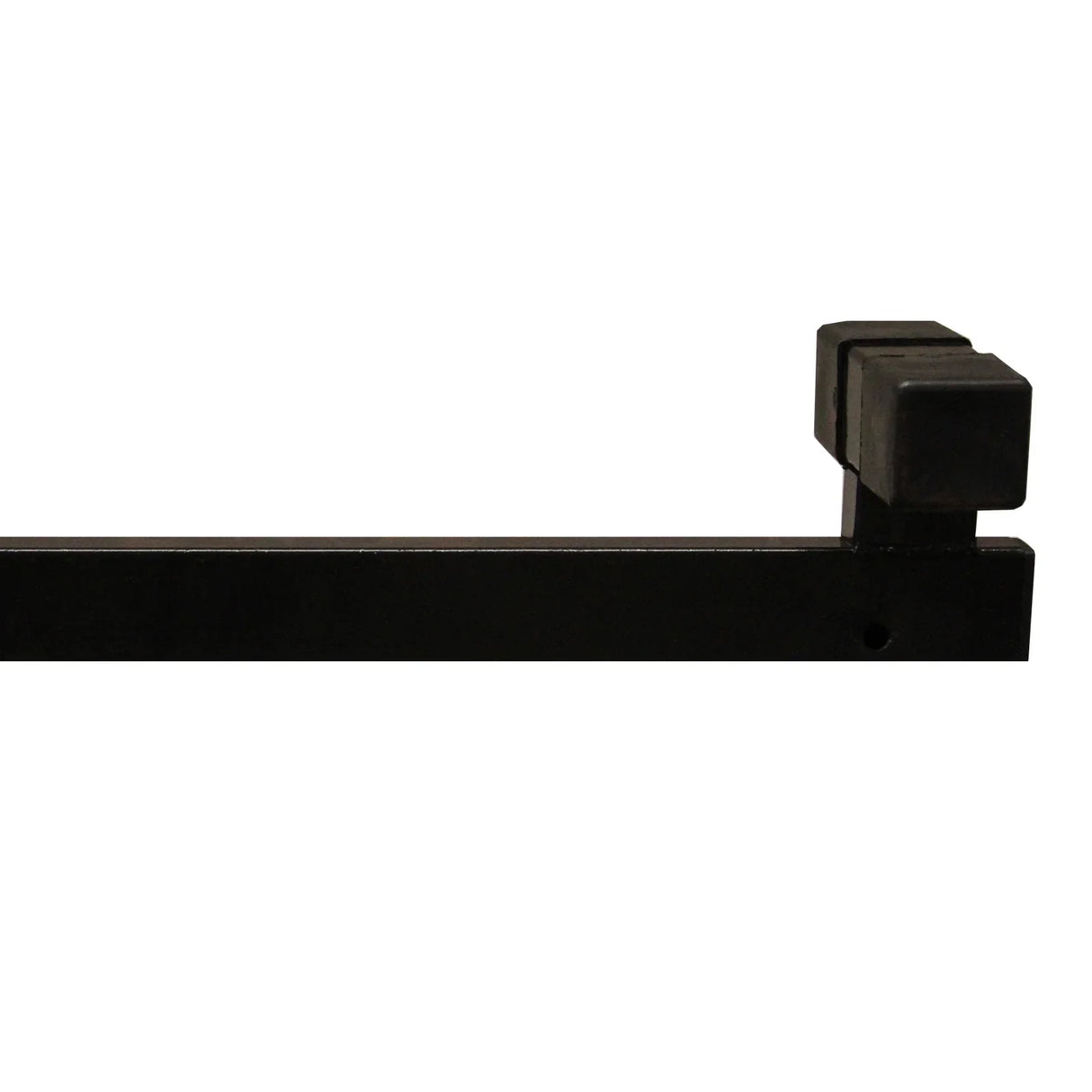 Black metal support arm of a drywall and plasterboard lifter hoist, featuring a square end for secure attachment and stability