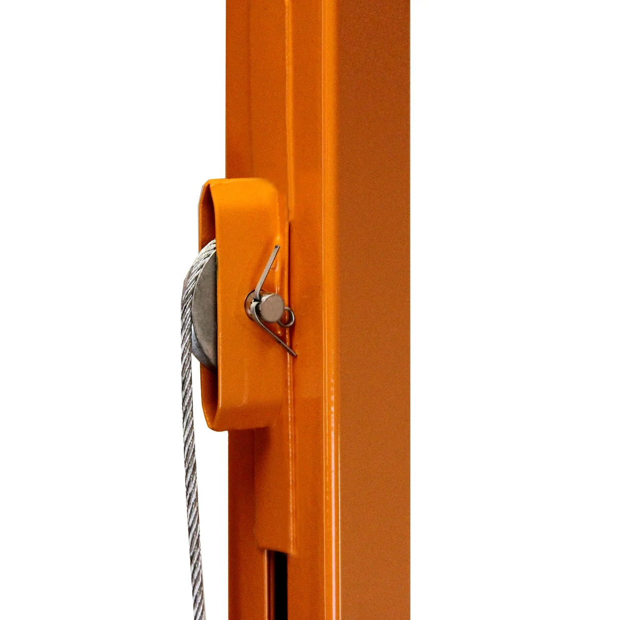 Close-up of the Drywall & Plasterboard Lifter Hoist 11ft showing the sturdy orange frame, pulley system, and steel cable for lifting