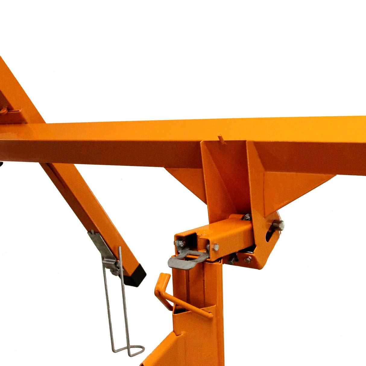 Heavy-duty drywall and plasterboard lifter hoist with an orange steel frame, featuring adjustable arms and sturdy locking mechanisms