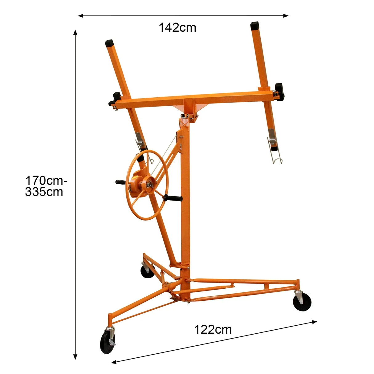 Drywall and plasterboard lifter hoist in bright orange, featuring adjustable height, sturdy wheels, and a large hand crank for easy operation