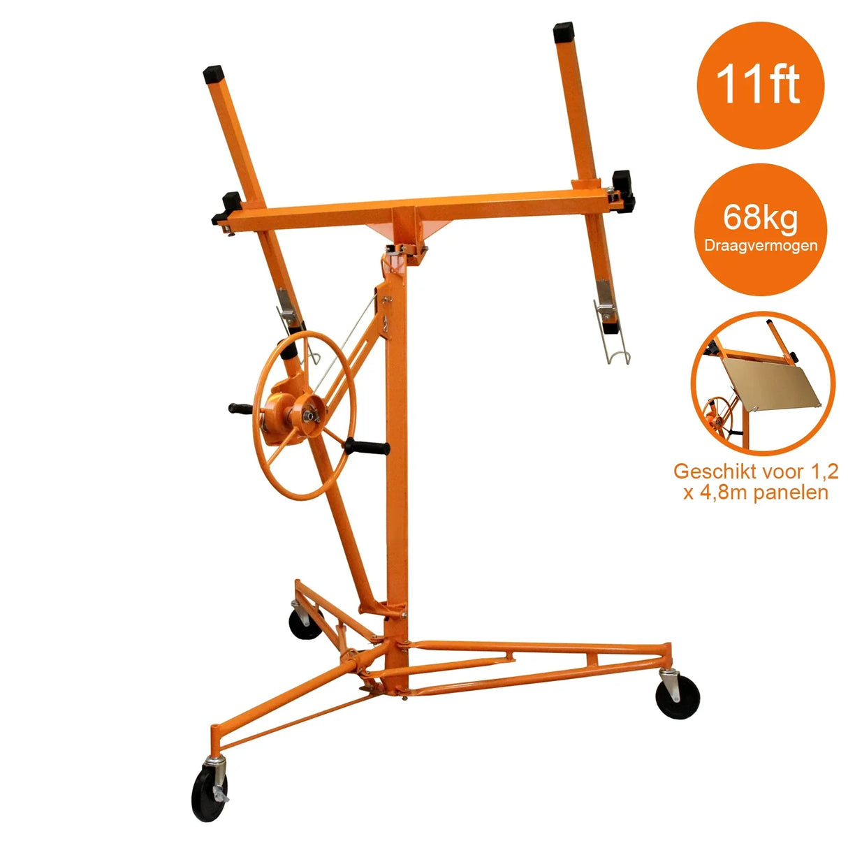 Drywall and plasterboard lifter hoist in bright orange, 11ft height, with sturdy wheels and adjustable arms for easy panel lifting