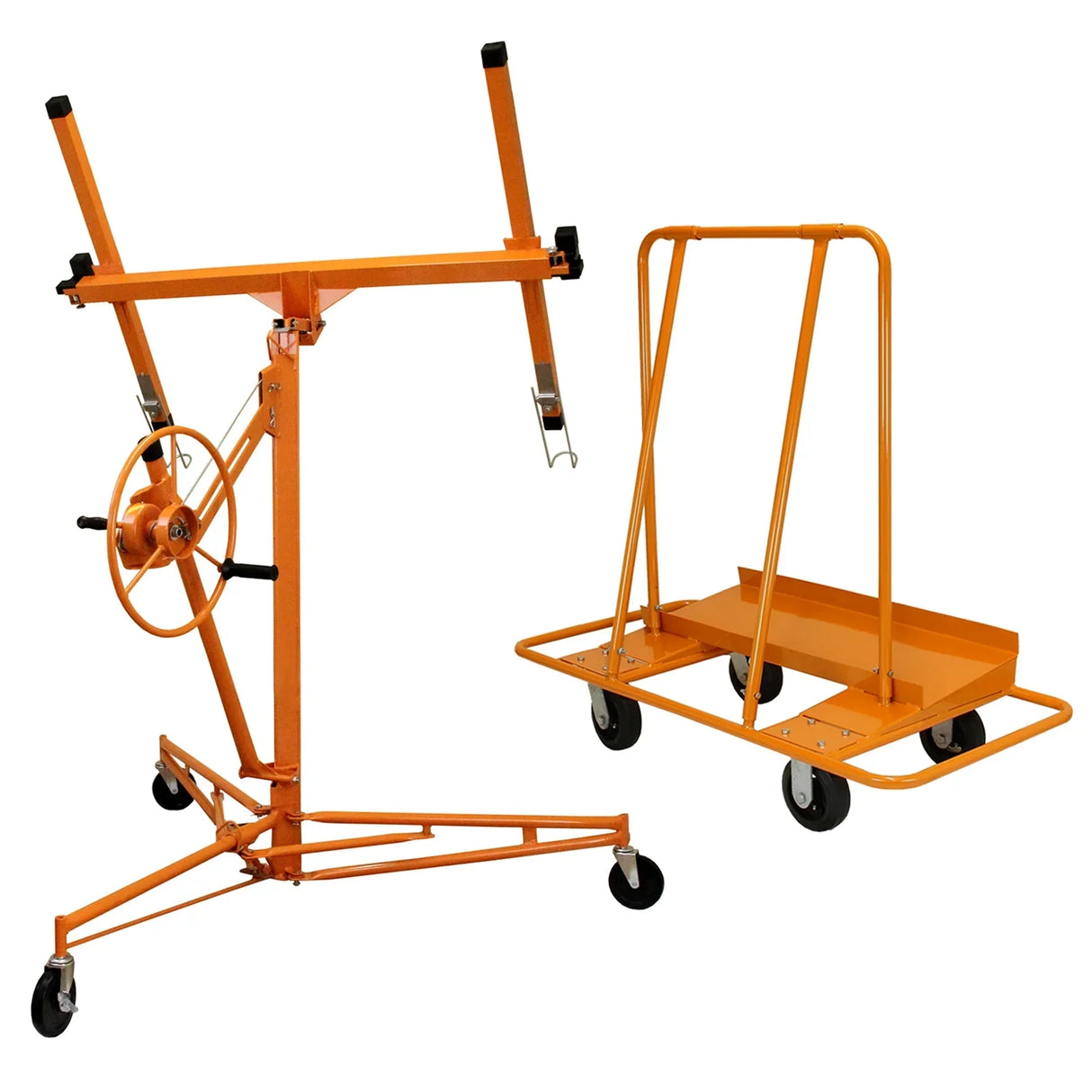 Drywall lifter hoist with adjustable height, sturdy orange metal frame, and plasterboard trolley with wheels for easy transport