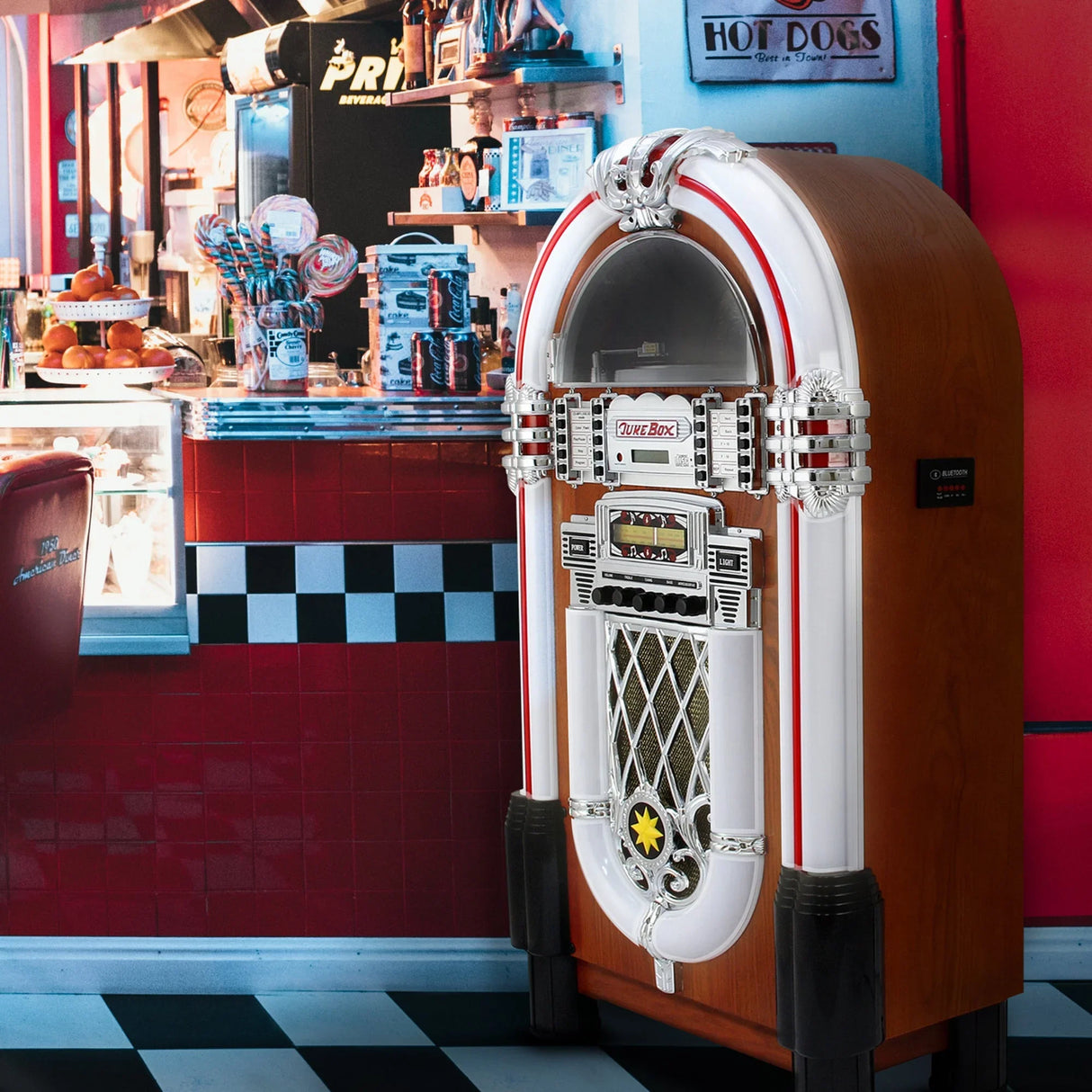 Retro jukebox with chrome accents and wooden finish, featuring colorful buttons and a vintage design, set against a diner backdrop