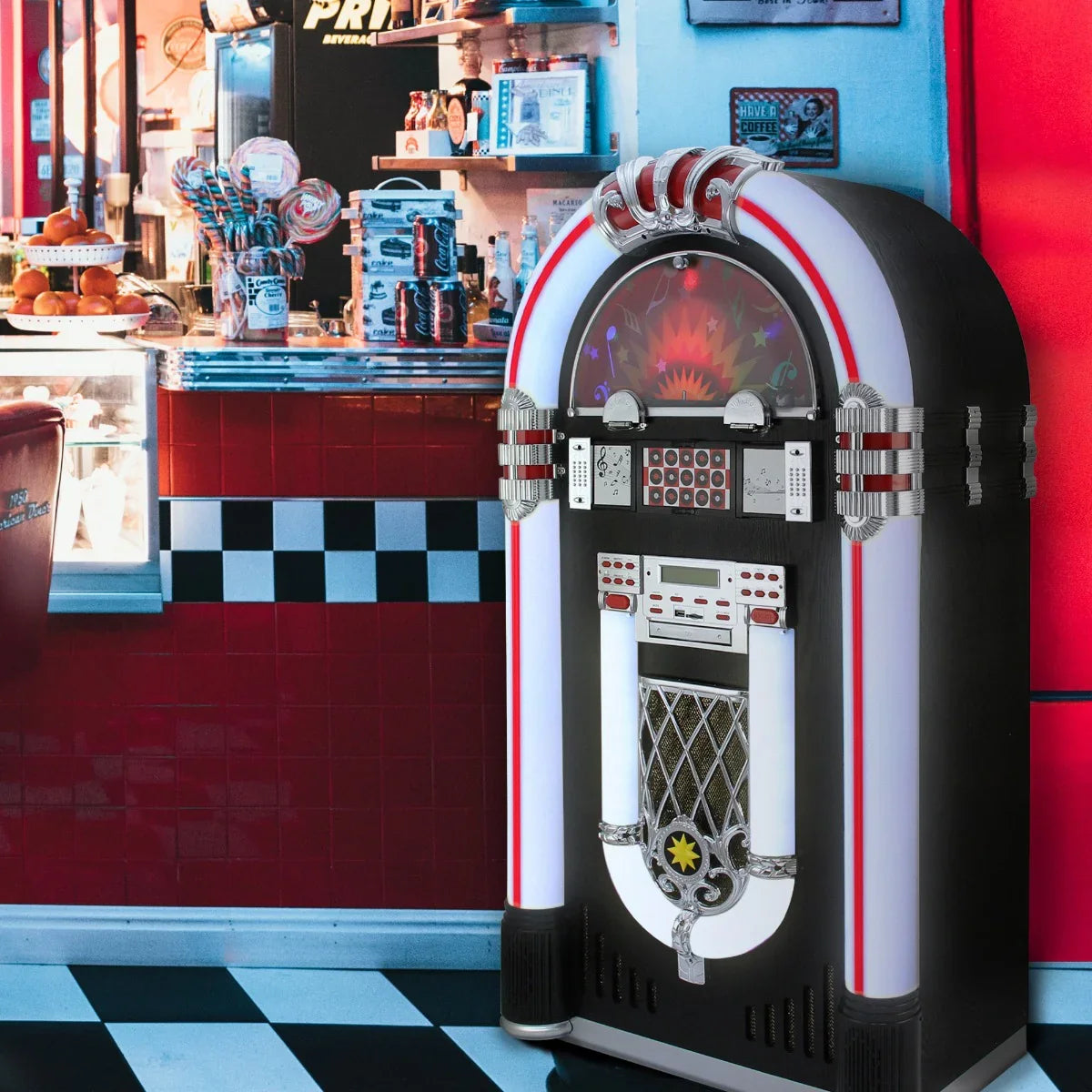 Retro jukebox vinyl record player with vibrant red and chrome accents, featuring a classic design and illuminated display in a diner setting