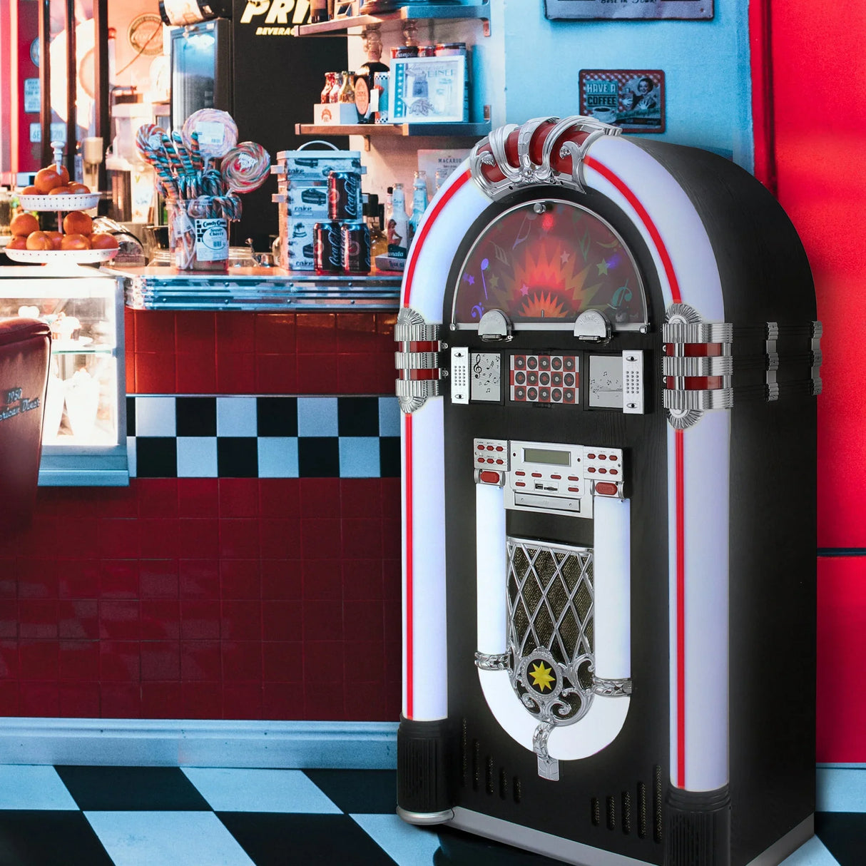 Colorful vinyl jukebox with chrome accents, featuring a vibrant light display, set against a retro diner backdrop with checkered tiles