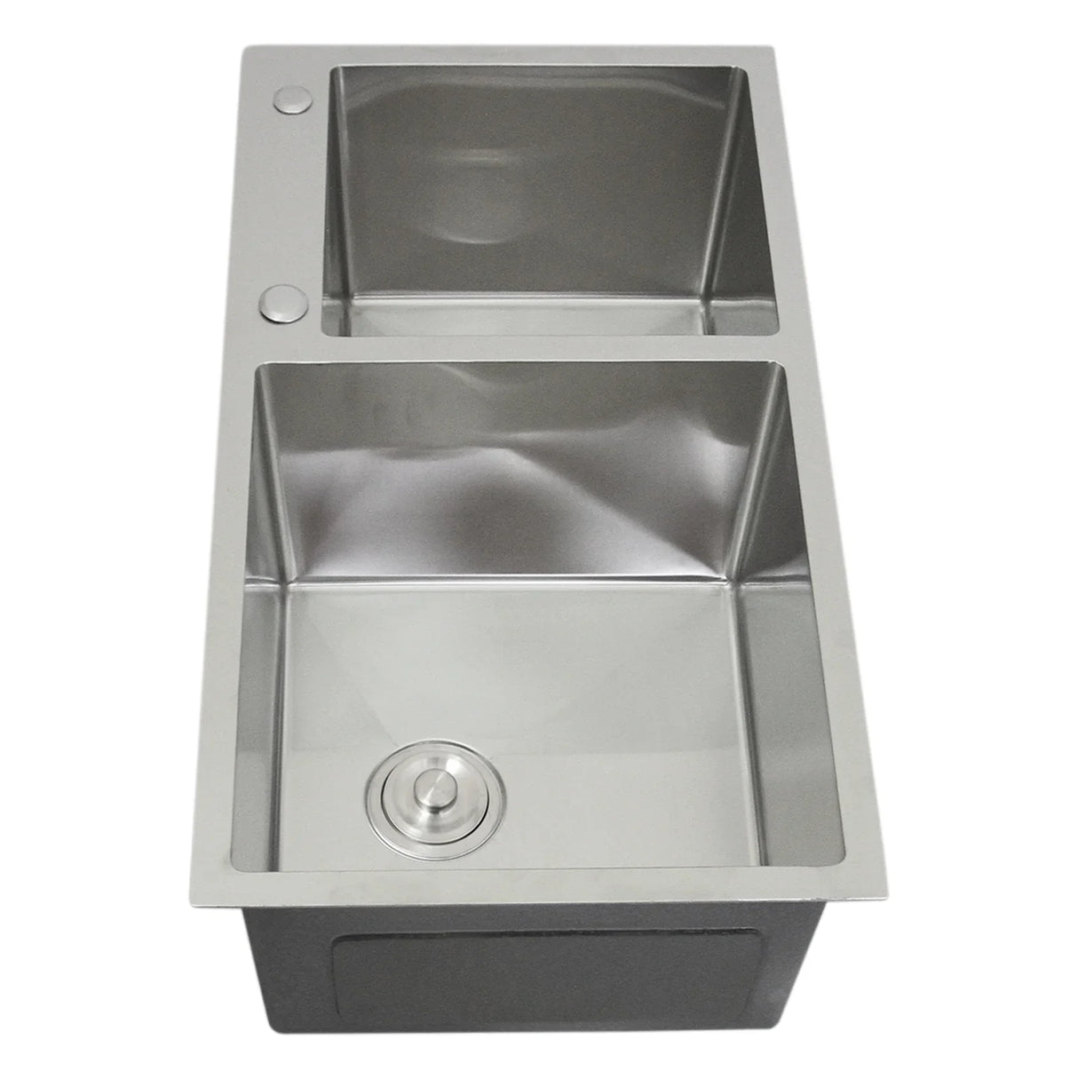 KuKoo double stainless steel sink featuring two deep, square basins with a brushed finish and a sleek, modern design