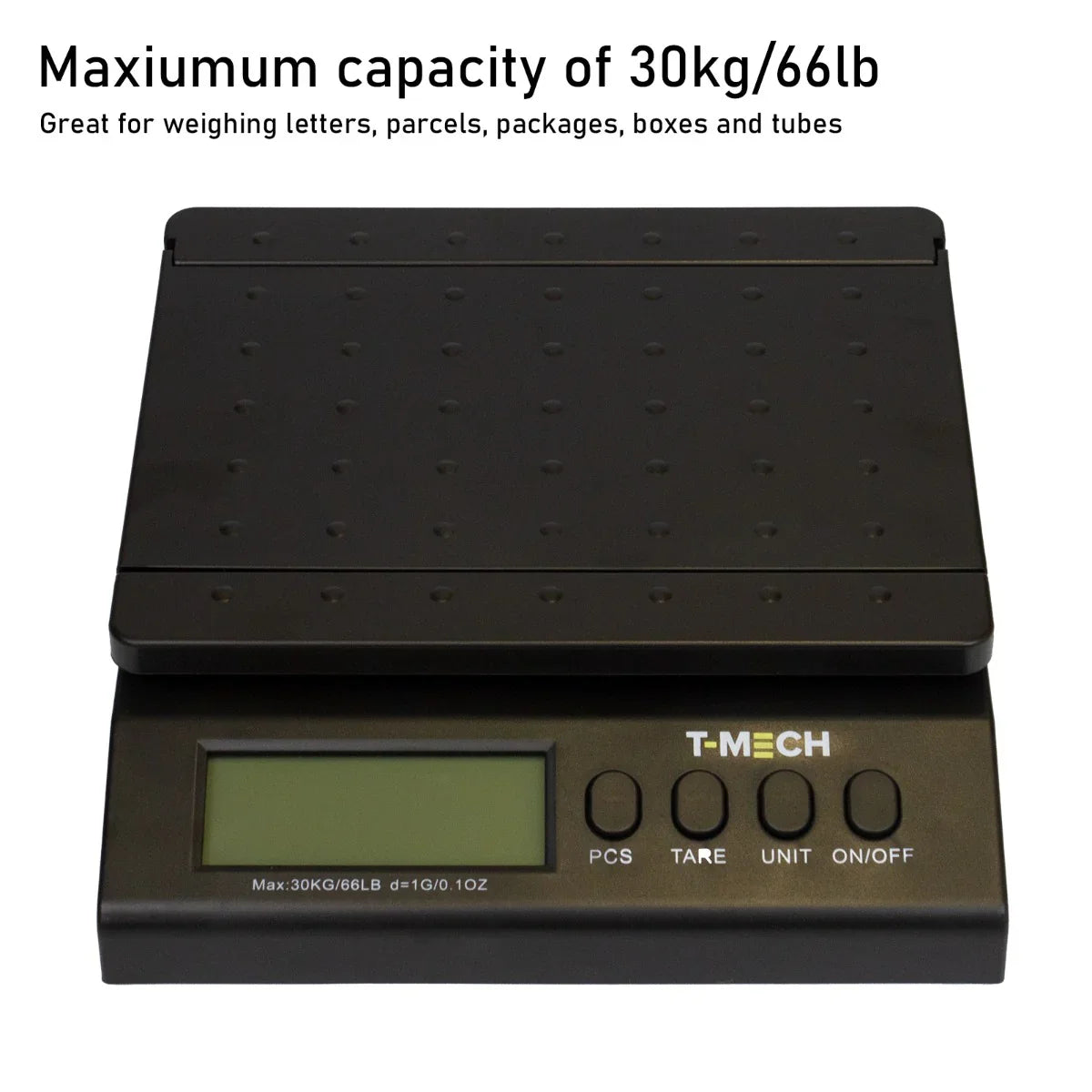 T-Mech digital postal scales with a sleek black design, large weighing platform, and clear LCD display for easy reading