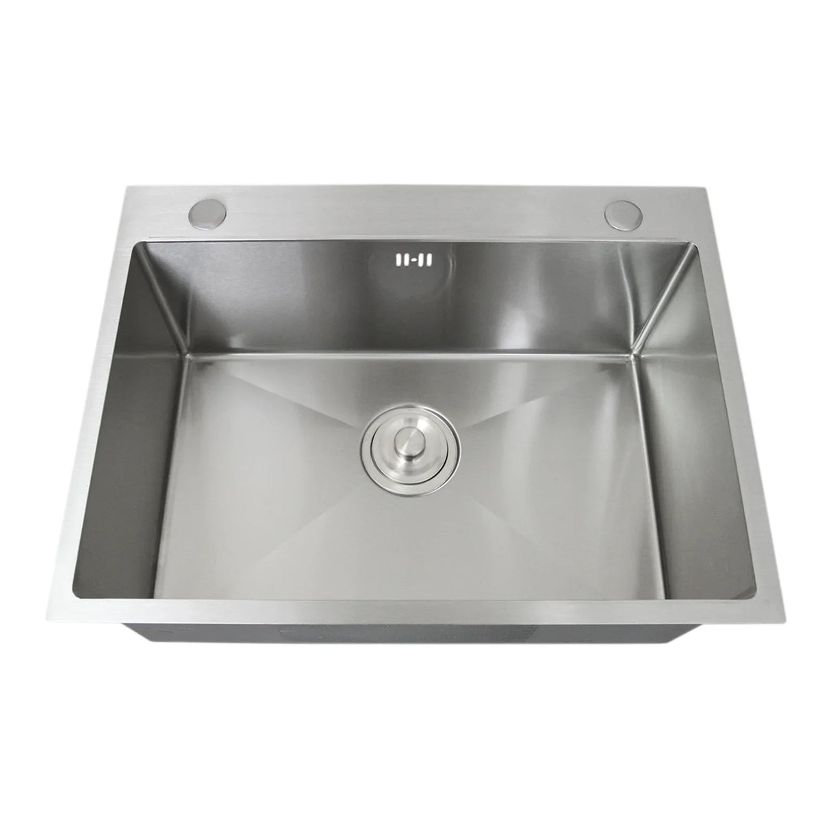 Single stainless steel sink with a sleek, modern design, featuring a deep basin, polished finish, and two faucet holes