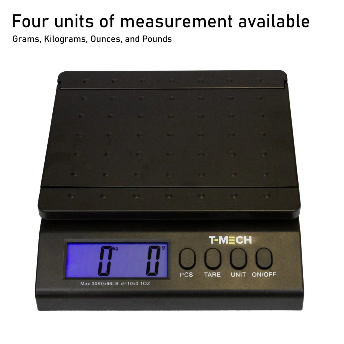 T-Mech digital postal scales with a sleek black design, large LCD display, and four measurement units: grams, kilograms, ounces, and pounds