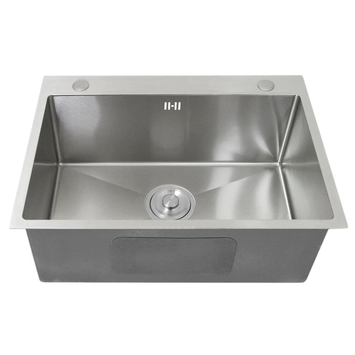 Single stainless steel sink with a sleek rectangular design, polished surface, and central drain for efficient water flow