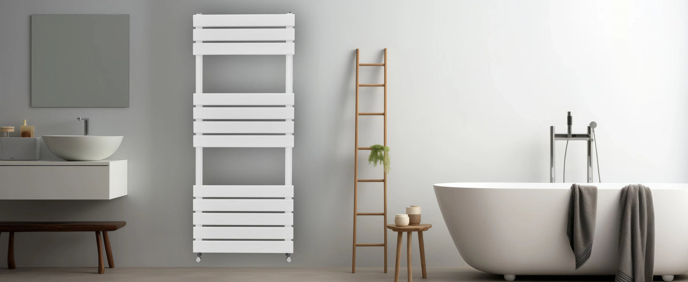 Sleek white towel rack with wooden ladder, modern bathroom setting featuring a freestanding tub and minimalist decor