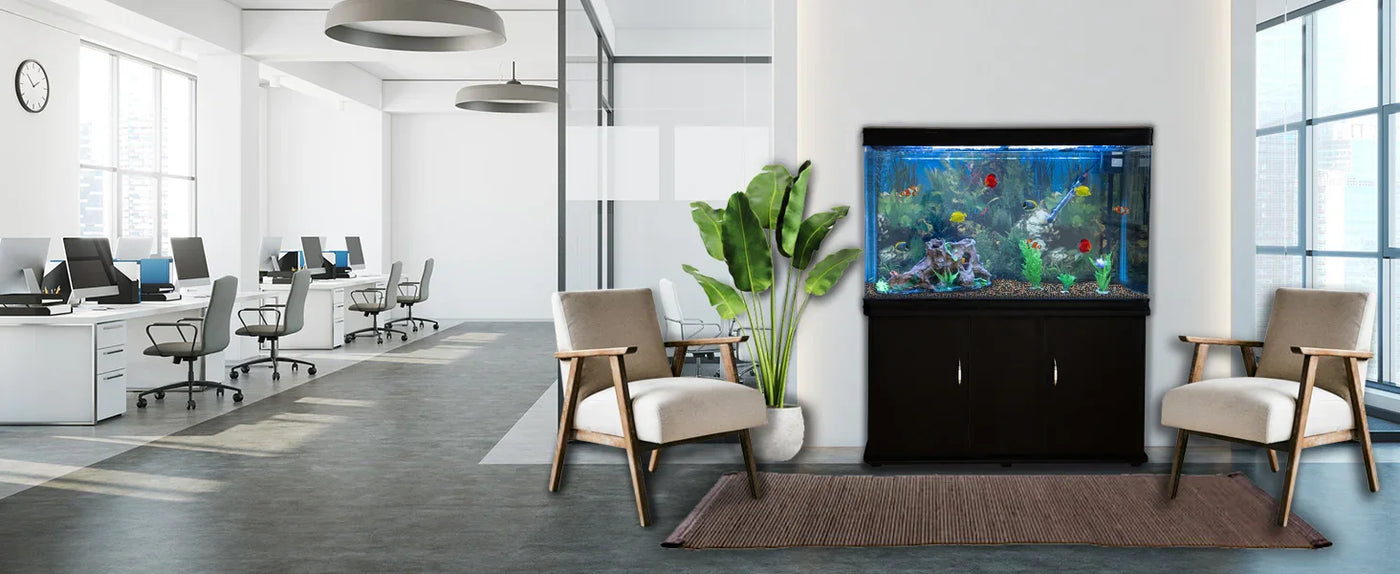 Vibrant aquarium filled with colorful fish, set in a modern office space with sleek furniture and large windows for natural light