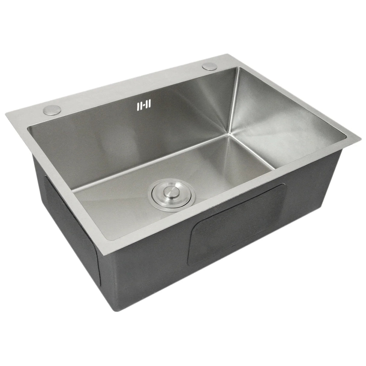 Single stainless steel sink with a sleek, brushed finish, rectangular shape, and a central drain, perfect for modern kitchens
