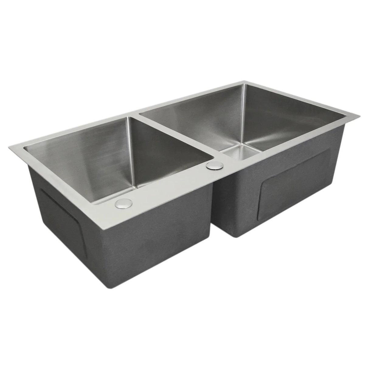 KuKoo double stainless steel sink with a sleek, brushed finish, featuring two spacious rectangular basins and integrated drain holes