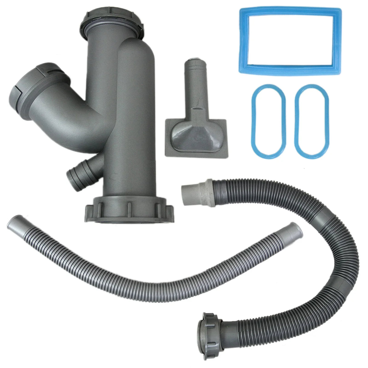 Stainless steel sink plumbing kit featuring gray pipes, connectors, and rubber seals for easy installation and durability