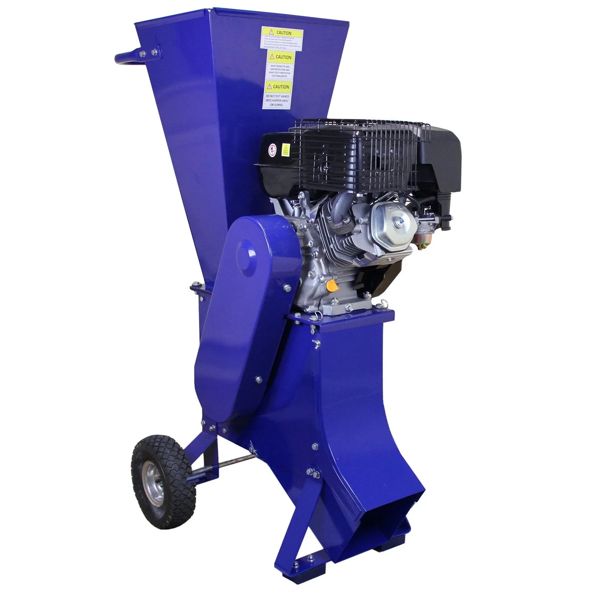 T-Mech 15HP wood chipper in vibrant blue with a sturdy design, featuring a powerful engine, large hopper, and durable wheels for easy mobility