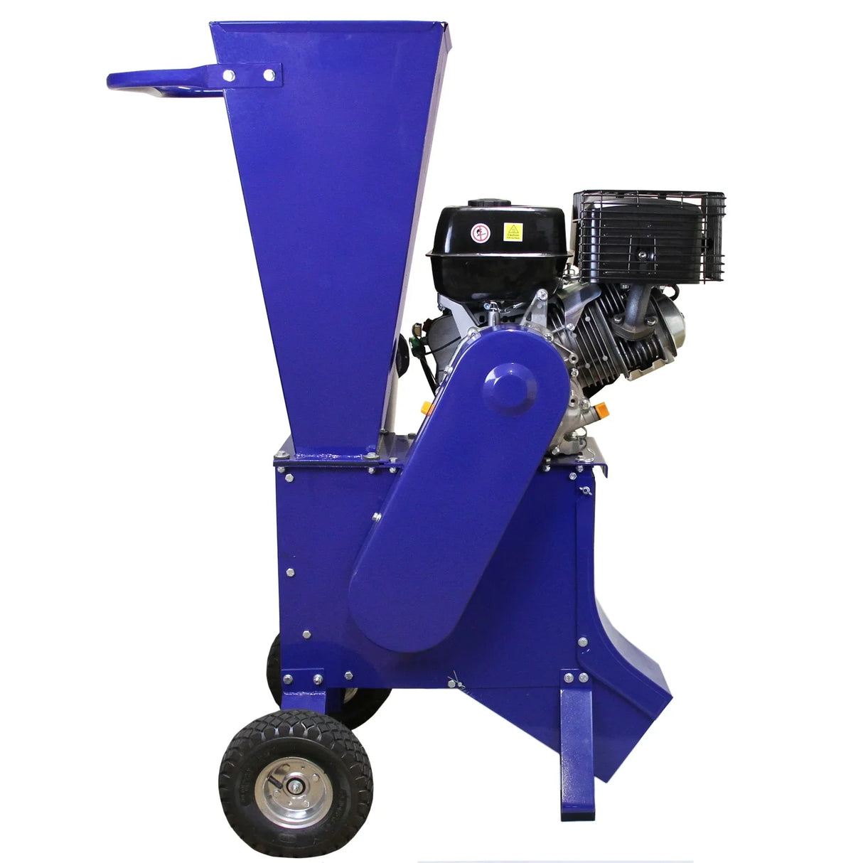 T-Mech 15HP wood chipper in vibrant blue, featuring a sturdy design, large hopper, and durable wheels for easy mobility