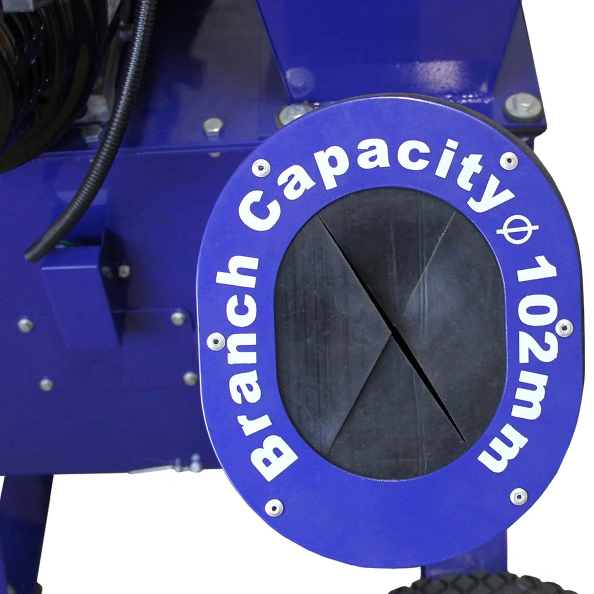 T-Mech 15HP wood chipper featuring a blue body and a circular branch capacity opening labeled for 102mm branches