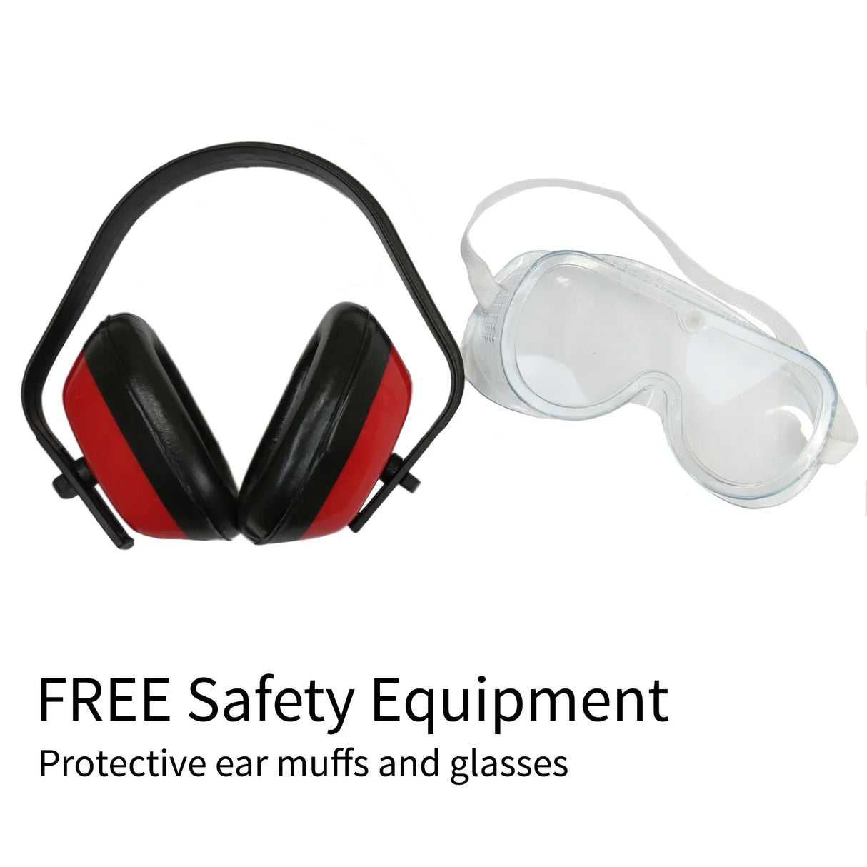 Protective ear muffs in black and red with clear safety glasses, included with T-Mech 15HP Wood Chipper for user safety
