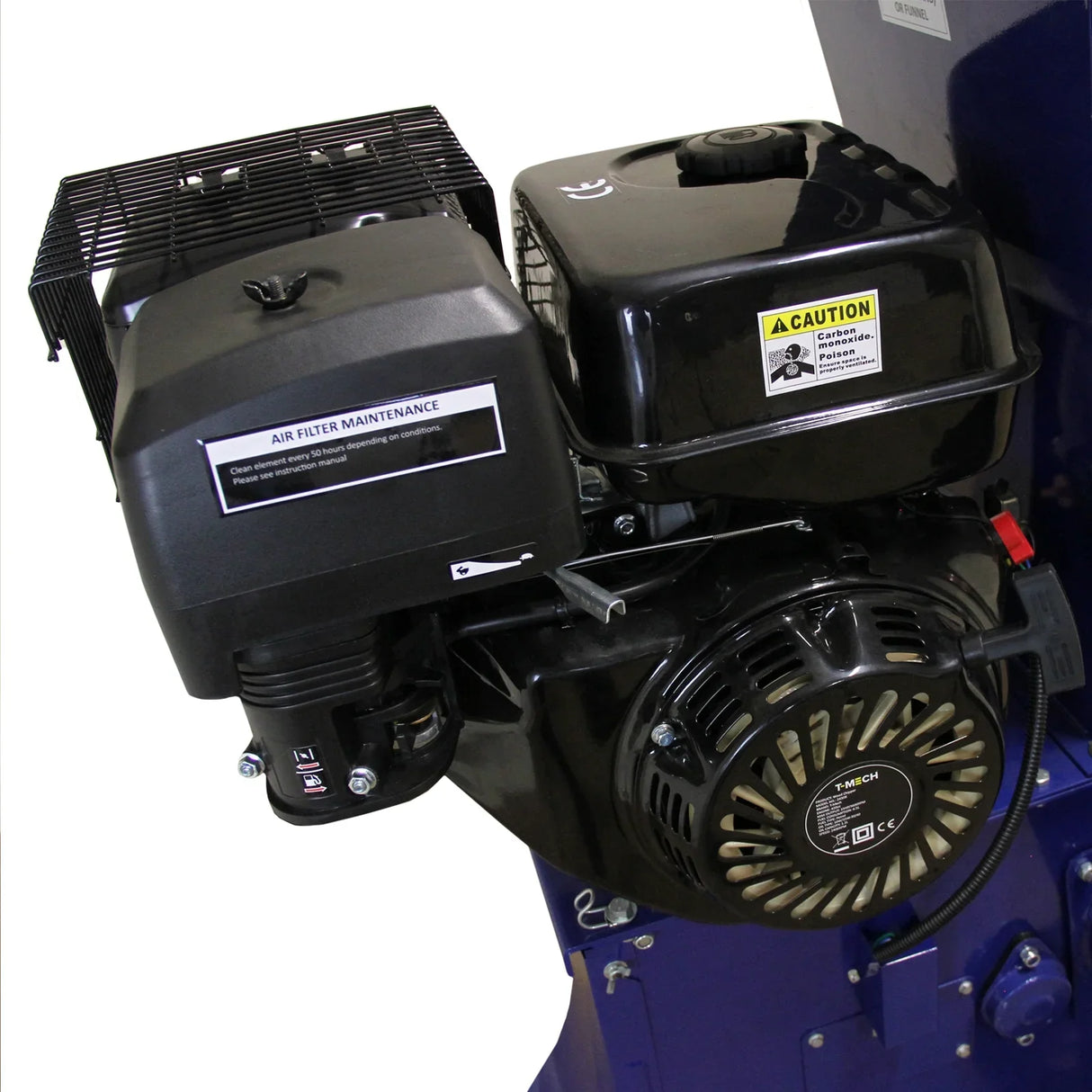 Powerful T-Mech 15HP wood chipper engine with black casing, air filter, and caution labels, showcasing robust design and maintenance features