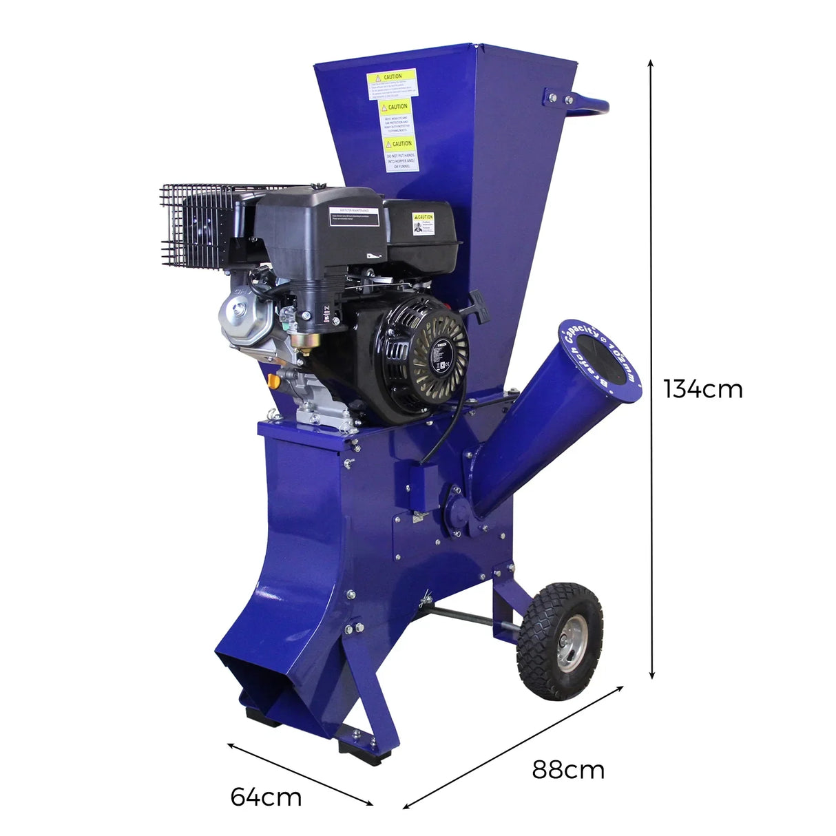 T-Mech 15HP wood chipper in blue, featuring a powerful engine, large chute, and sturdy wheels for easy mobility and efficient wood processing