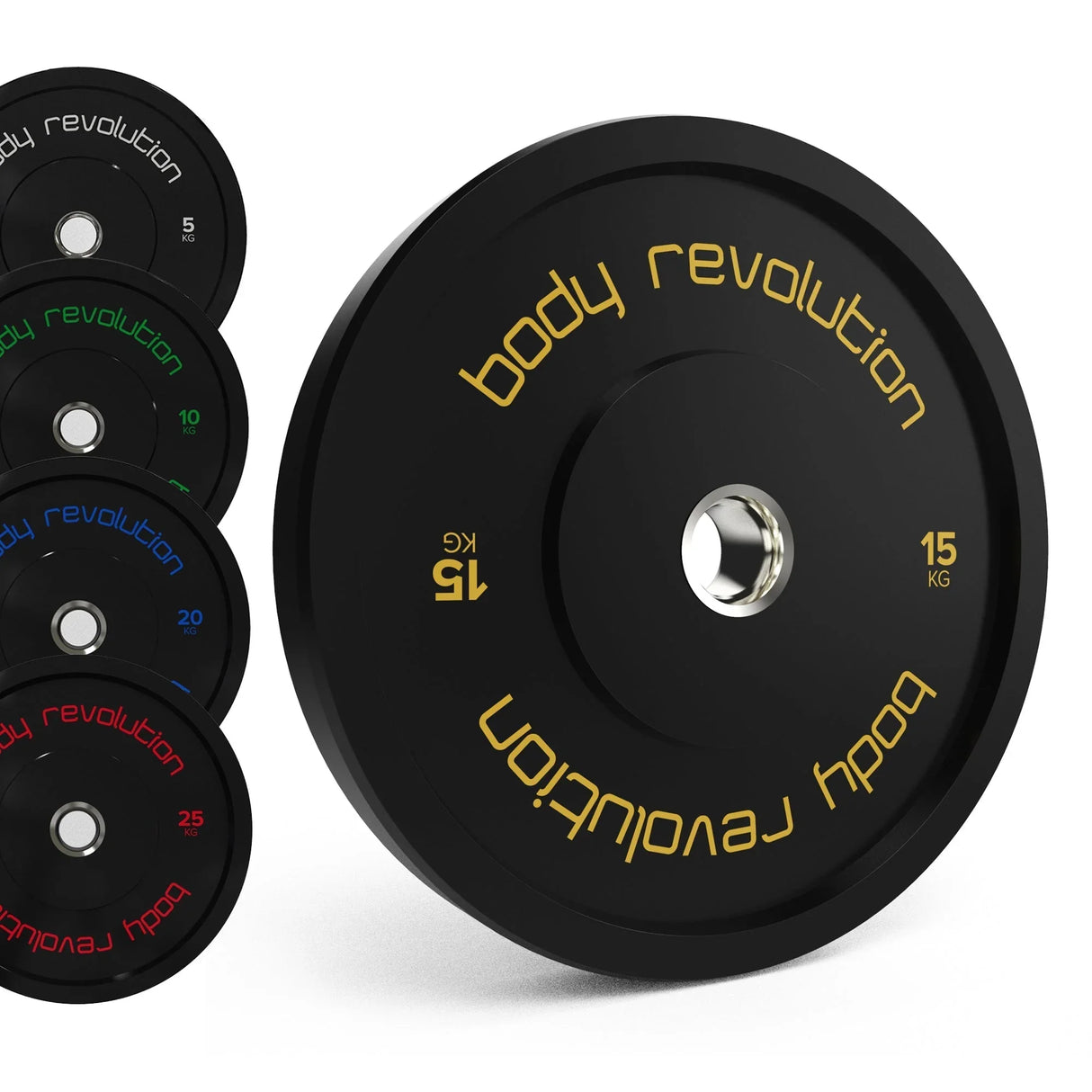 Body Revolution Olympic black bumper plate bundle featuring 15kg, 25kg, and 10kg weights with vibrant color coding and durable rubber material