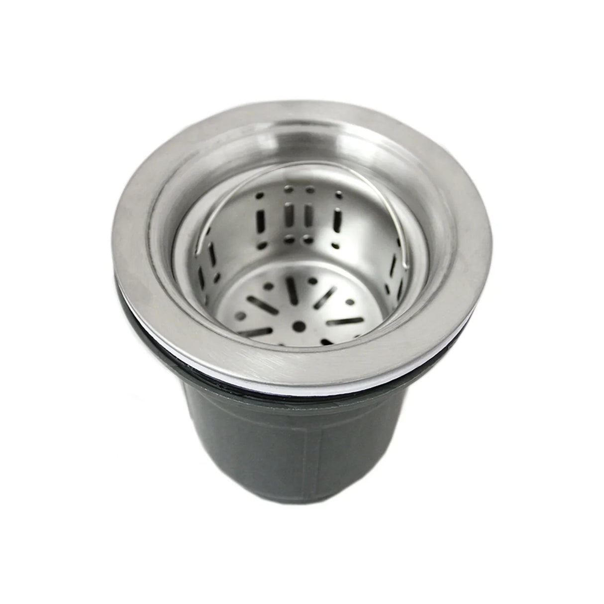 Stainless steel sink with a polished finish, featuring a round design and a central drain with a slotted strainer for efficient drainage