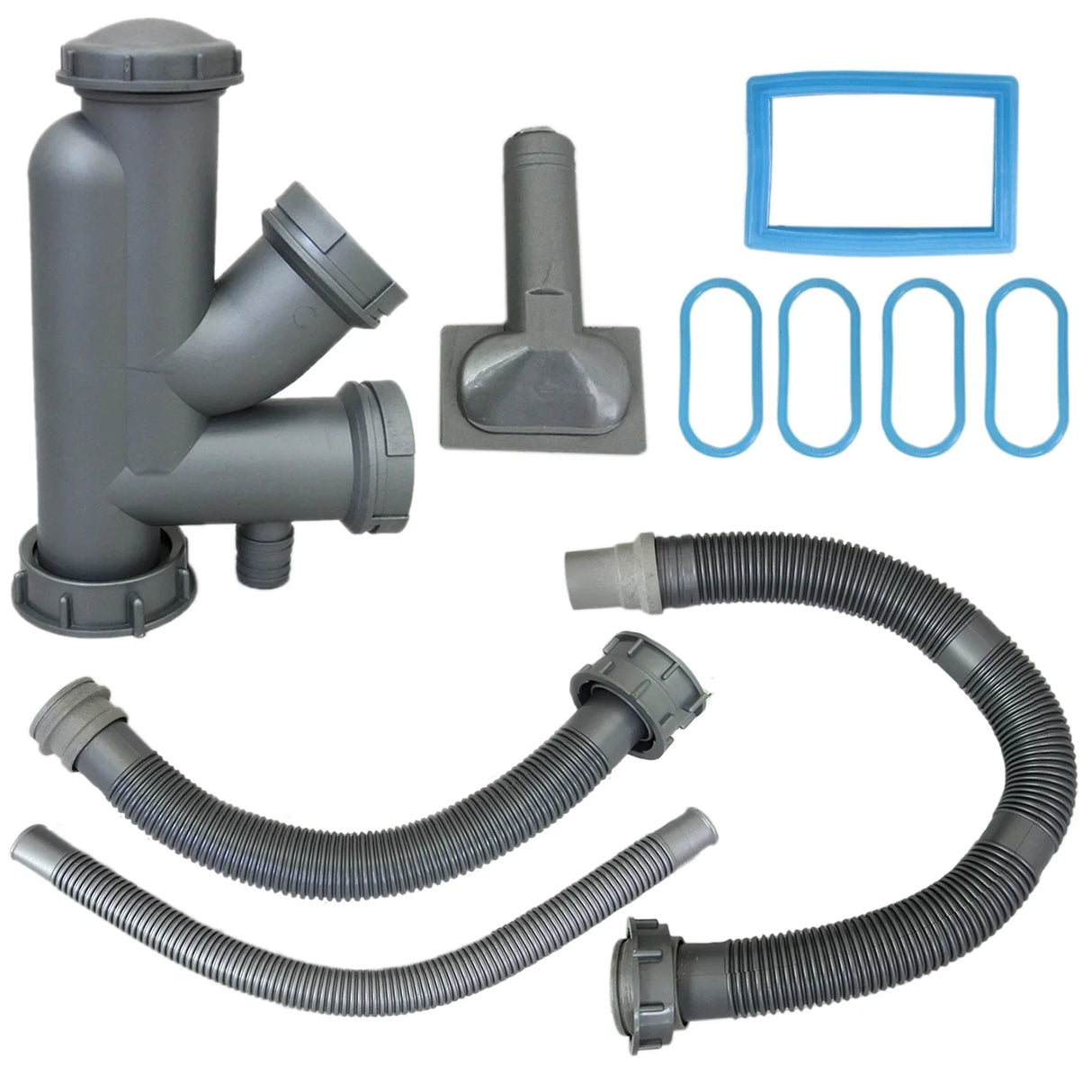 Gray plumbing accessories for KuKoo double stainless steel sink, including pipes, connectors, and rubber seals for installation