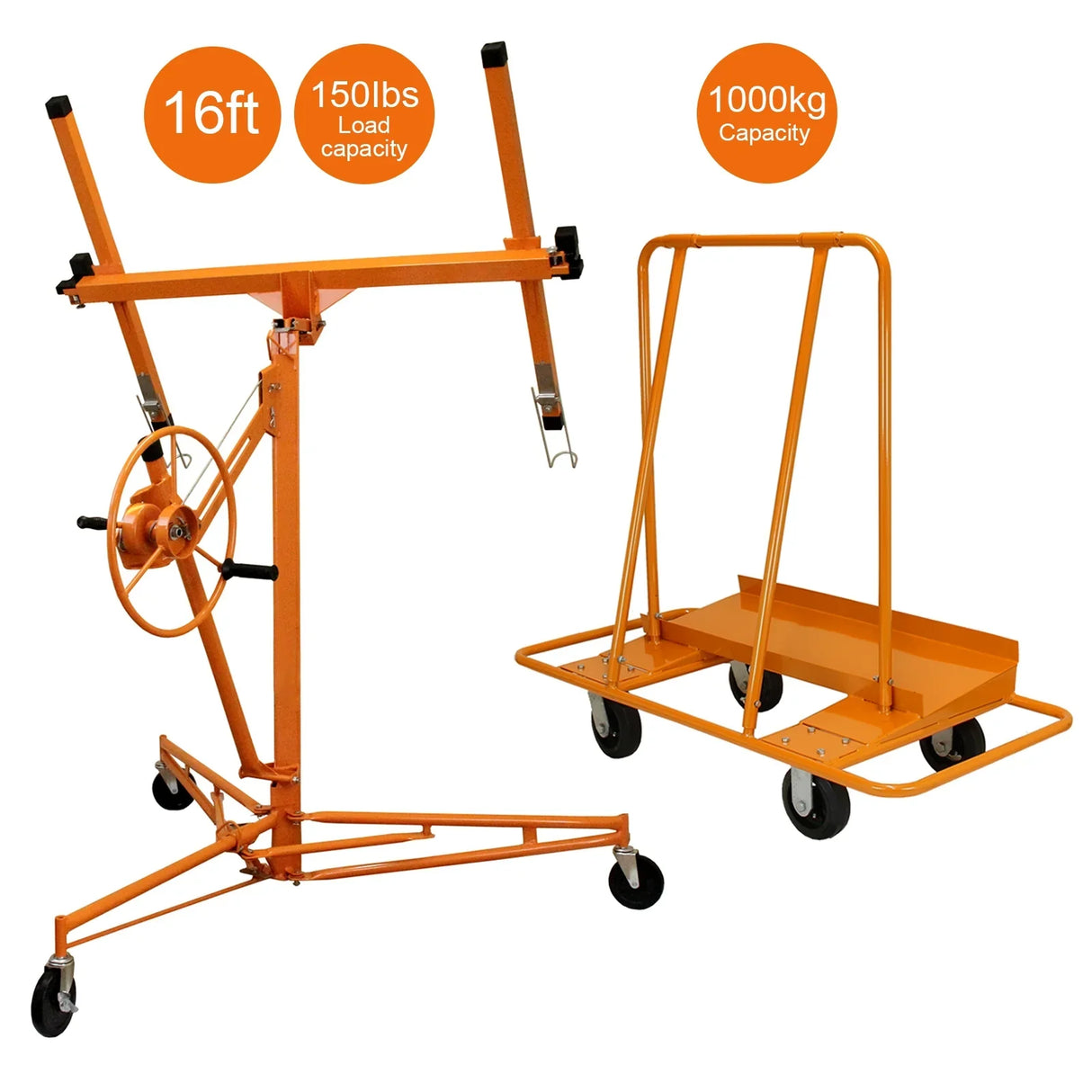 Drywall lifter hoist with 16ft height, orange metal frame, and plaster board trolley, featuring sturdy wheels and a 150lbs load capacity