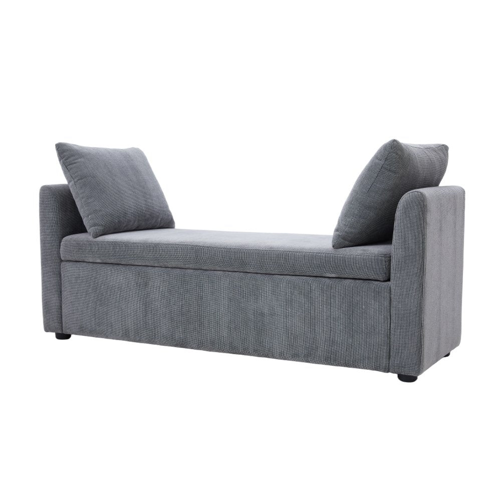 Grey Upholstered Storage Bench with 2 Pillows