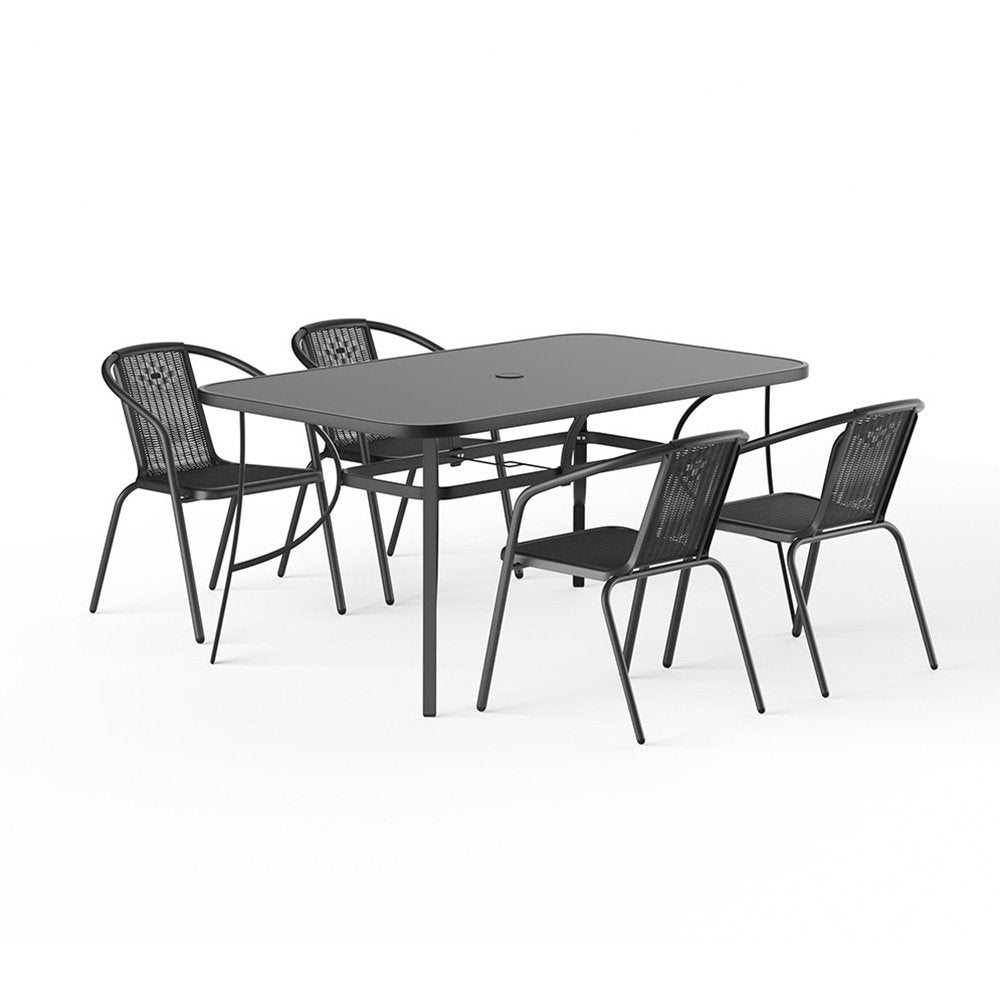 Black Garden Table & Rattan Chairs – 5 Piece Set