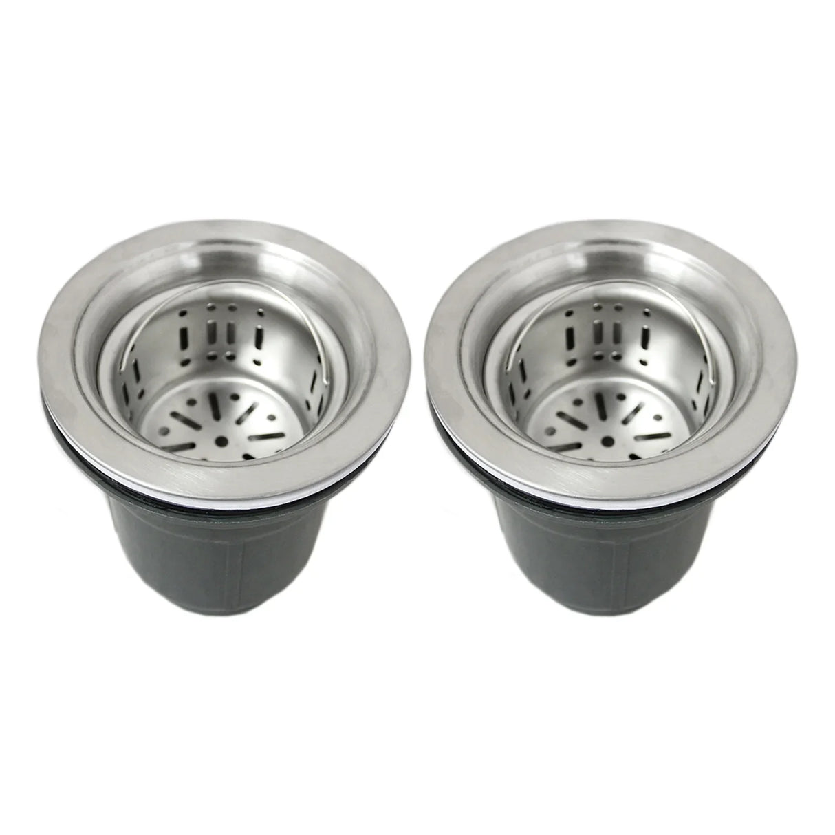 Double stainless steel sink with two round basins, polished finish, and built-in strainers for efficient drainage and easy cleaning