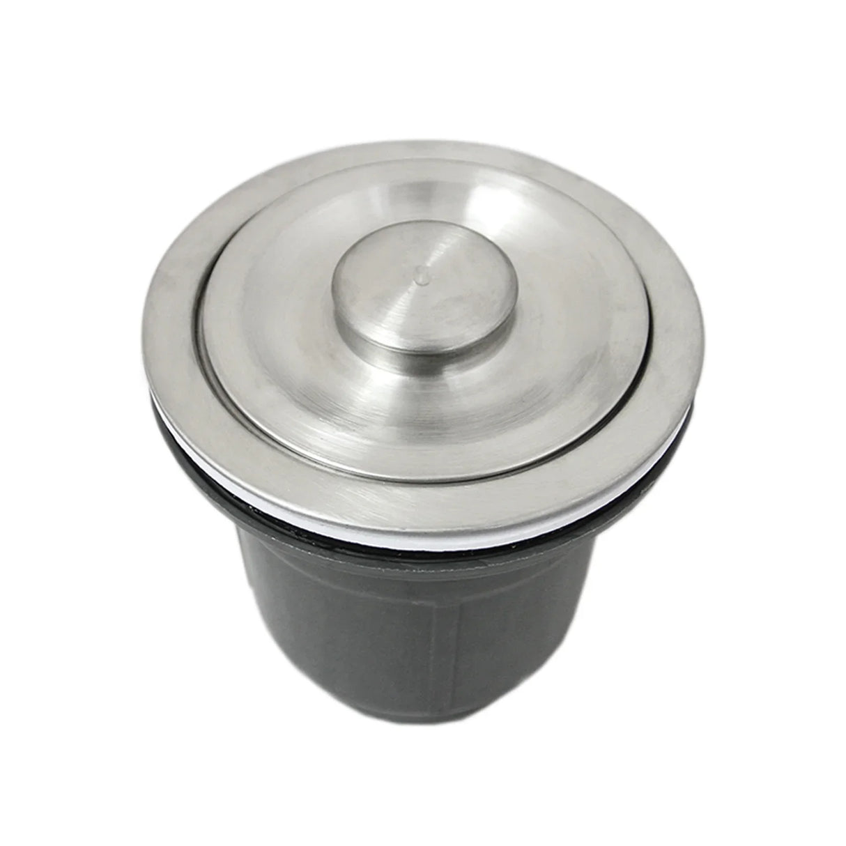 Stainless steel sink drain with a polished metal cover and rubber seal, designed for KuKoo single sink installations