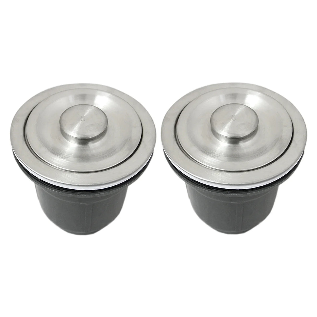 Stainless steel sink strainers with a sleek, polished finish and rubber gaskets, designed for KuKoo double sink installations