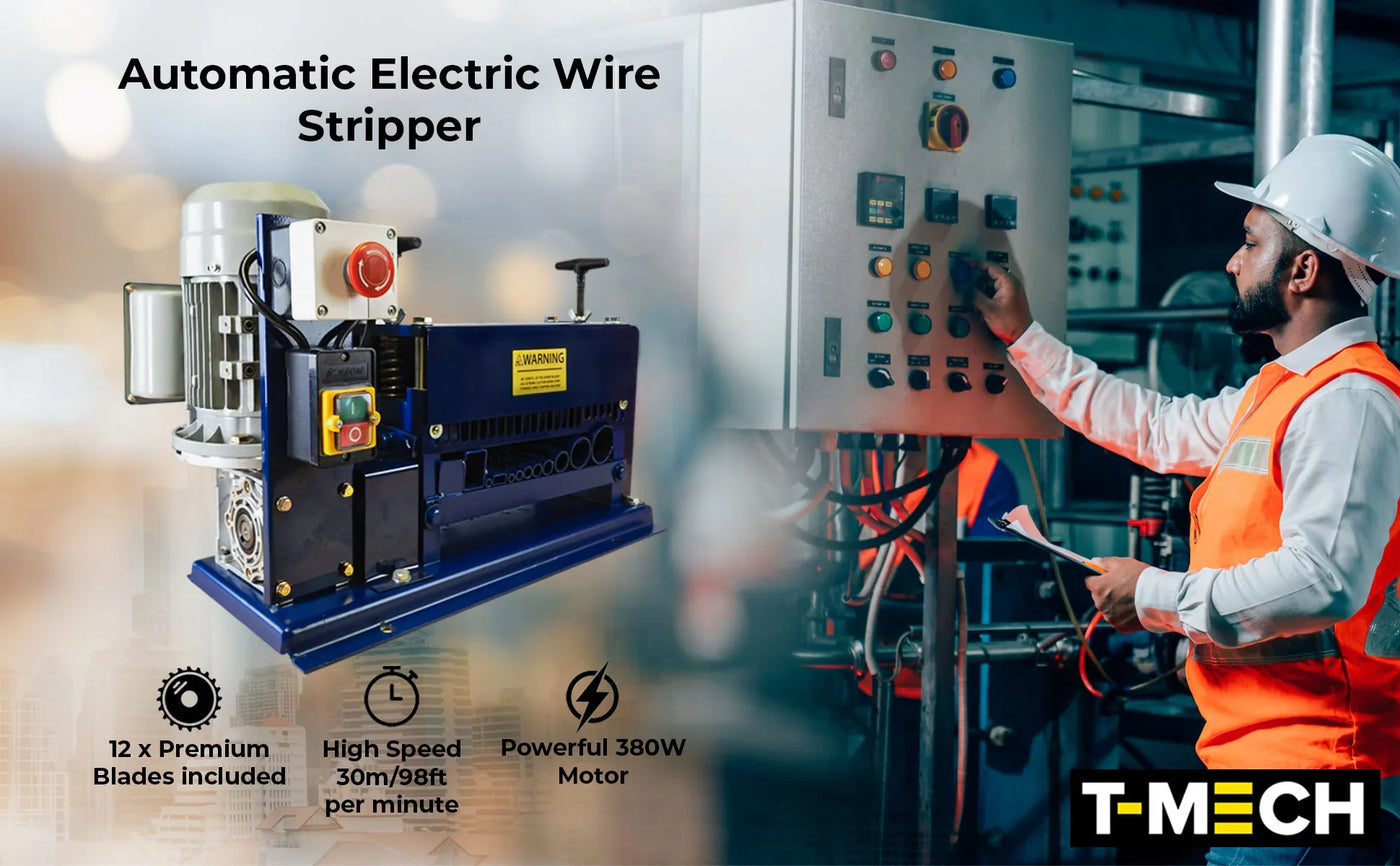 Automatic electric wire stripper with 12 premium blades, 380W motor, and user-friendly control panel in industrial setting
