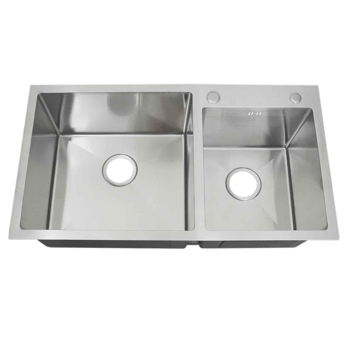 Double stainless steel sink with a sleek, polished finish, featuring two deep basins and pre-drilled holes for faucet installation