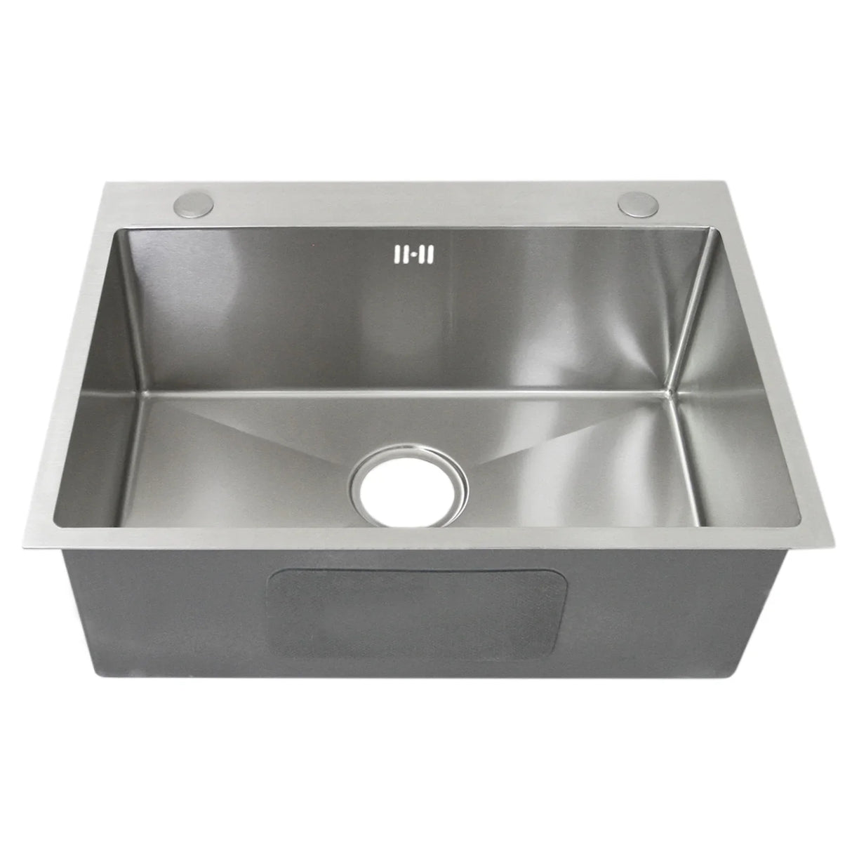 Single stainless steel sink with a sleek, polished finish, rectangular shape, and a central drain hole for easy installation